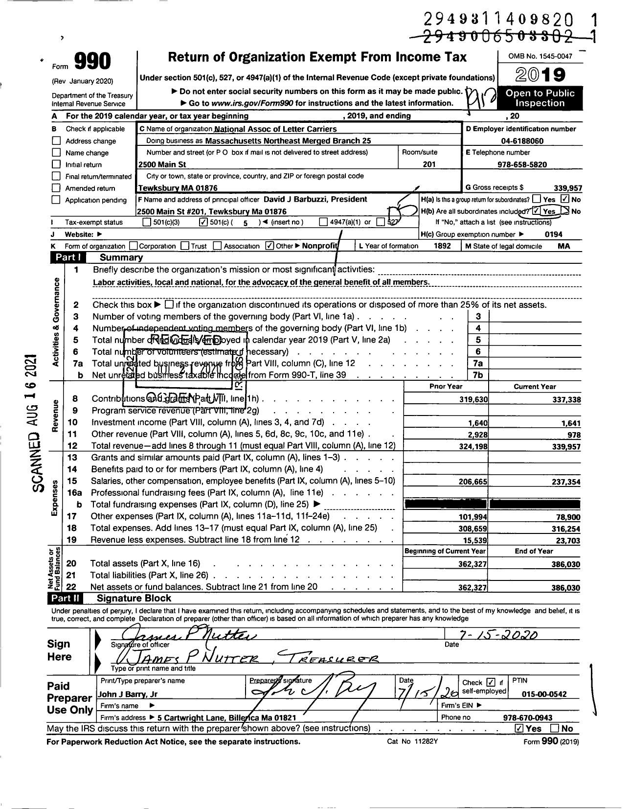 Image of first page of 2019 Form 990O for National Association of Letter Carriers - Massachusetts Northeast Merged Branch 25