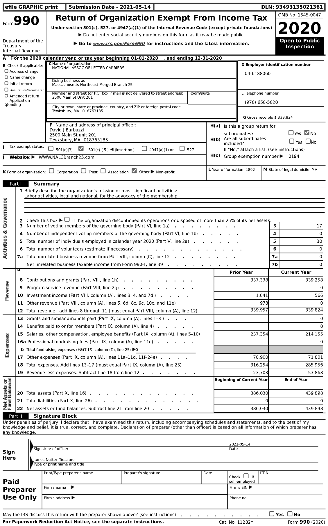 Image of first page of 2020 Form 990 for National Association of Letter Carriers - Massachusetts Northeast Merged Branch 25