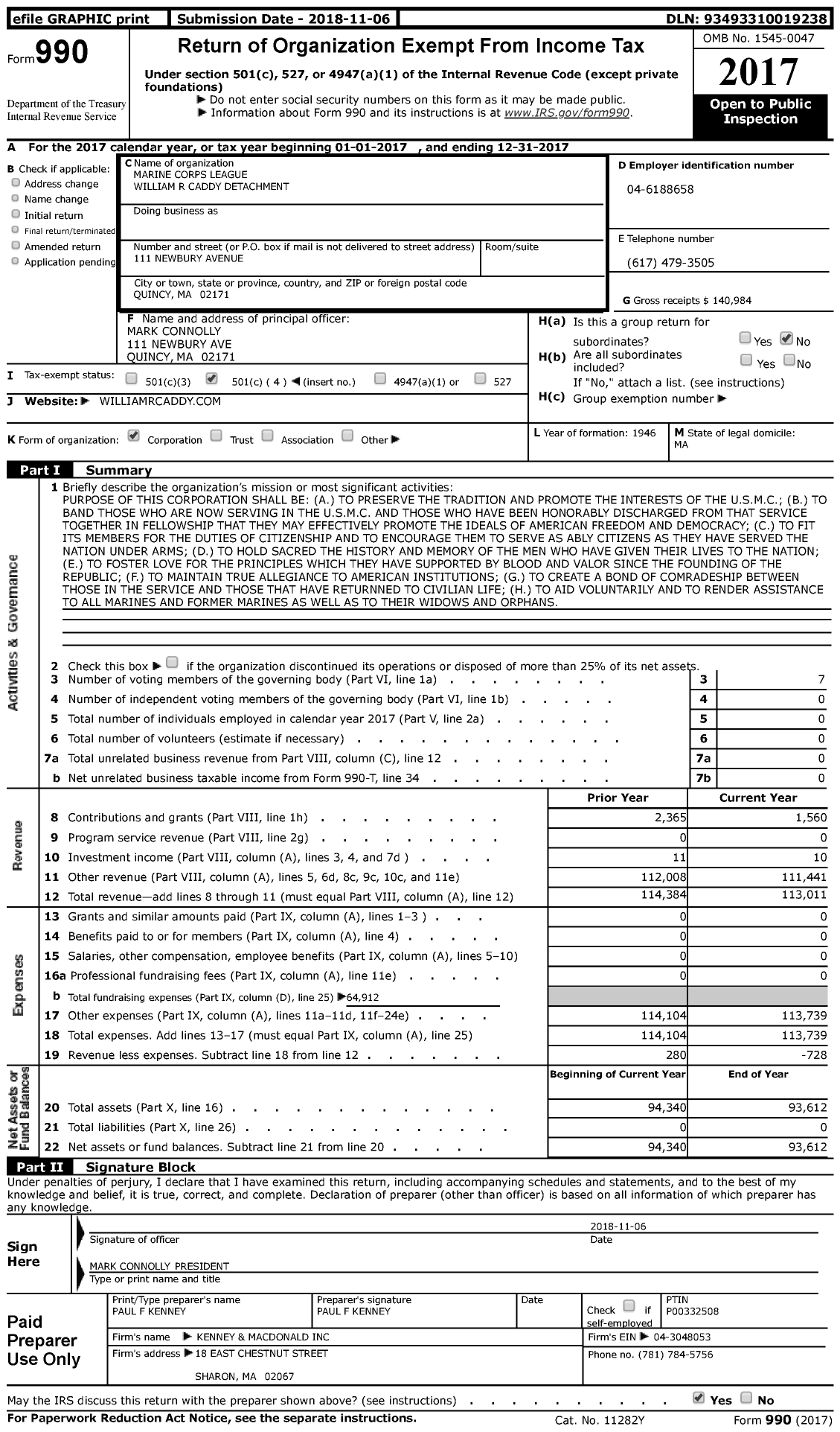 Image of first page of 2017 Form 990 for Marine Corps League - 124 William R Caddy Detachment