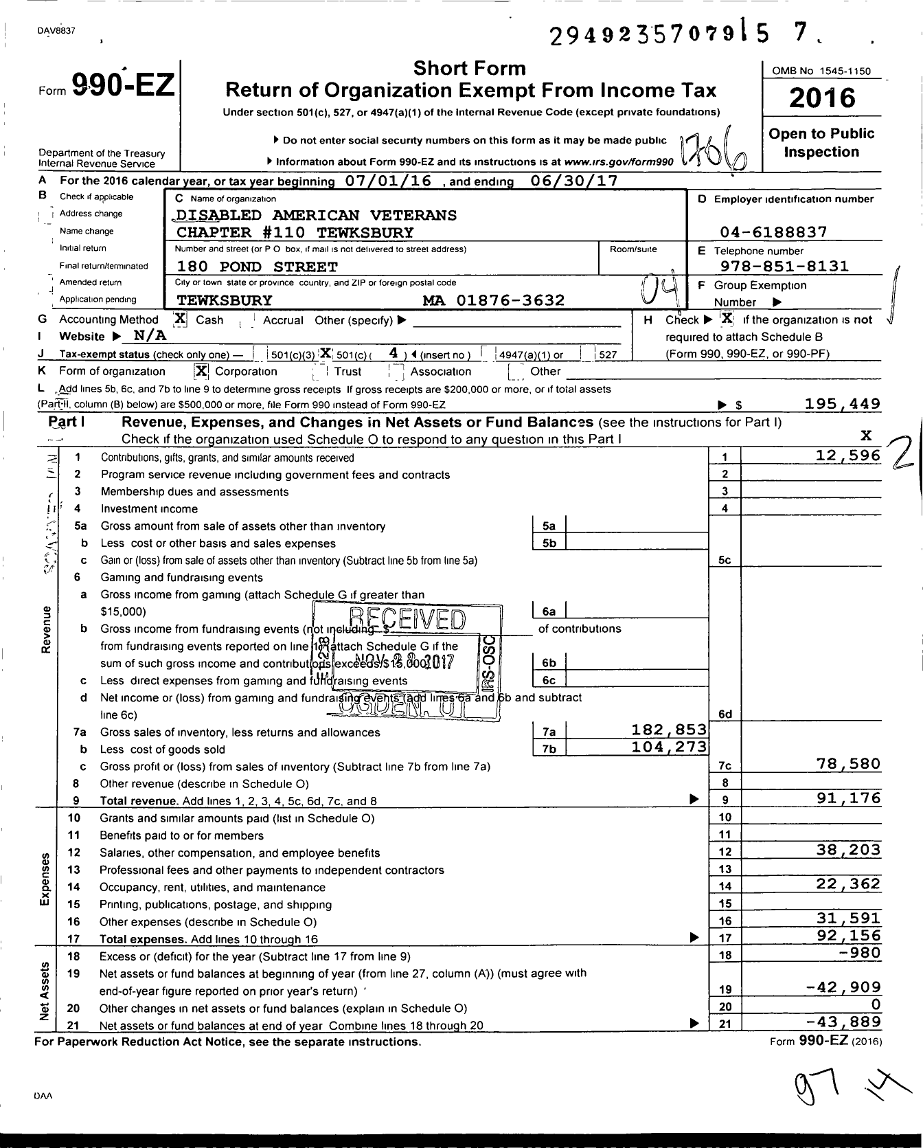 Image of first page of 2016 Form 990EO for Disabled American Veterans - 110 Tewksbury