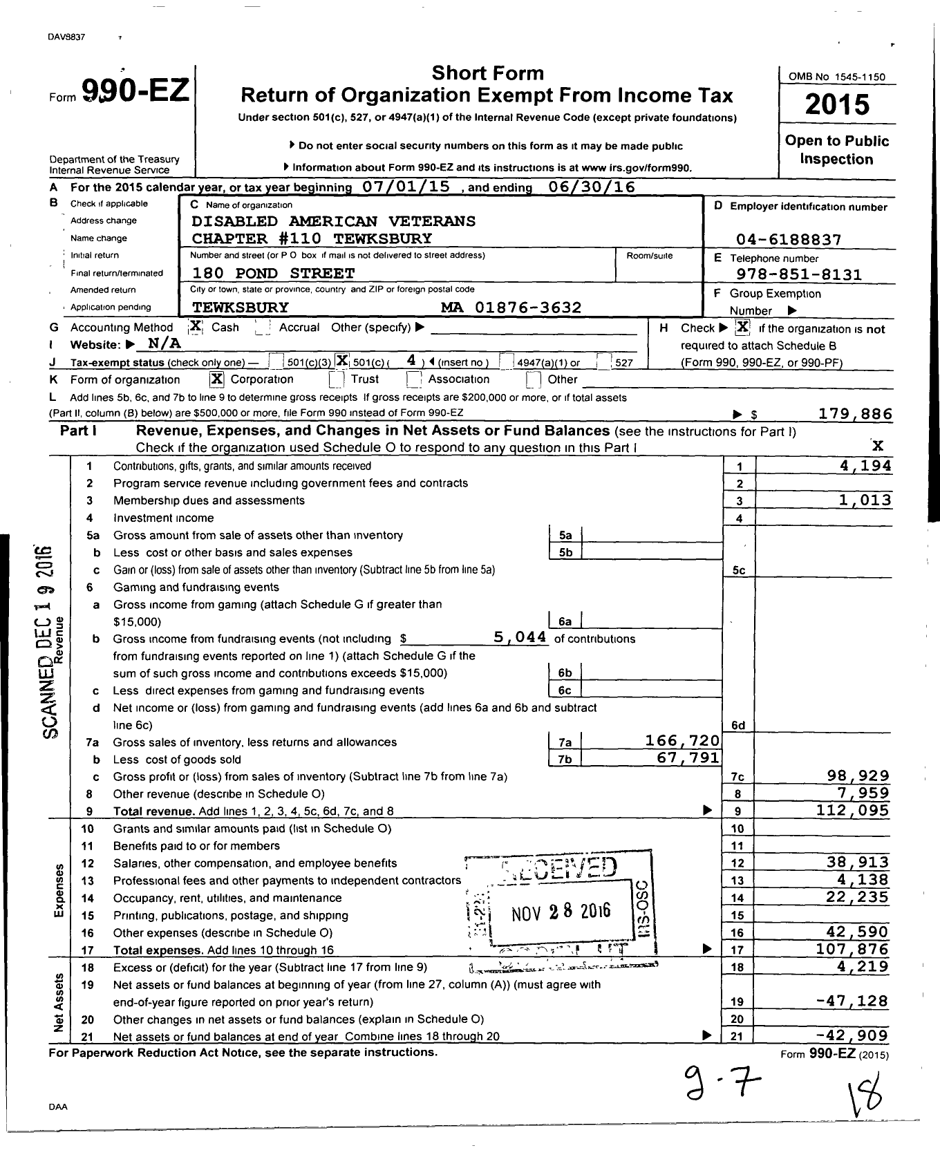 Image of first page of 2015 Form 990EO for Disabled American Veterans - 110 Tewksbury