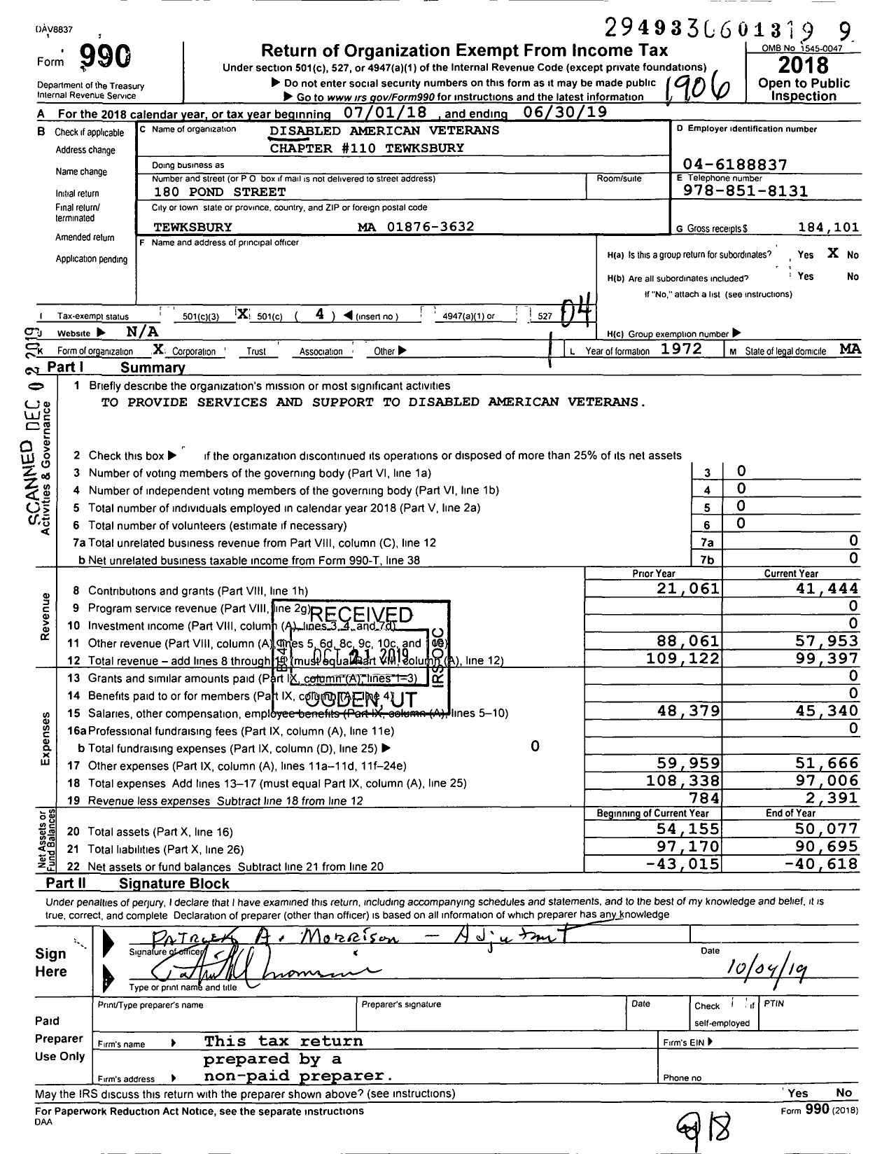 Image of first page of 2018 Form 990O for Disabled American Veterans - 110 Tewksbury