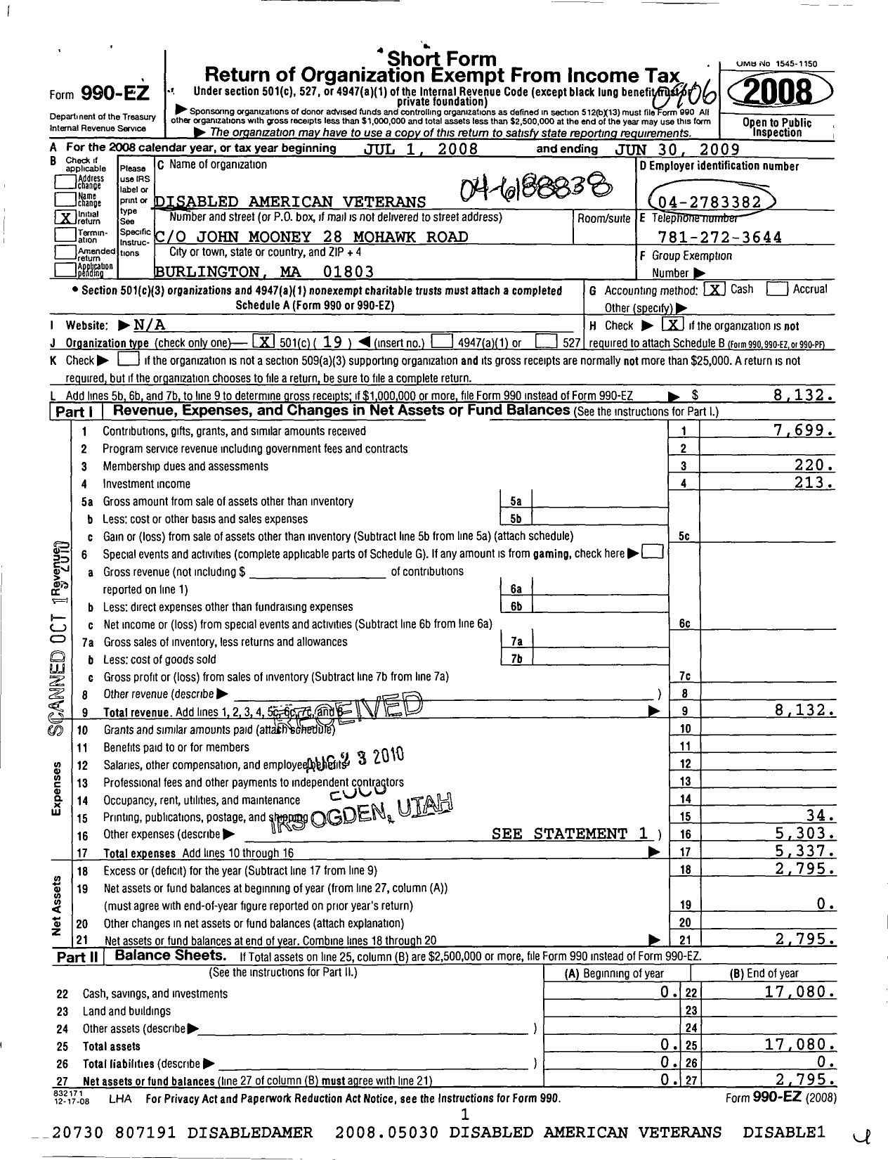 Image of first page of 2008 Form 990EO for Disabled American Veterans - 113 William Hurley