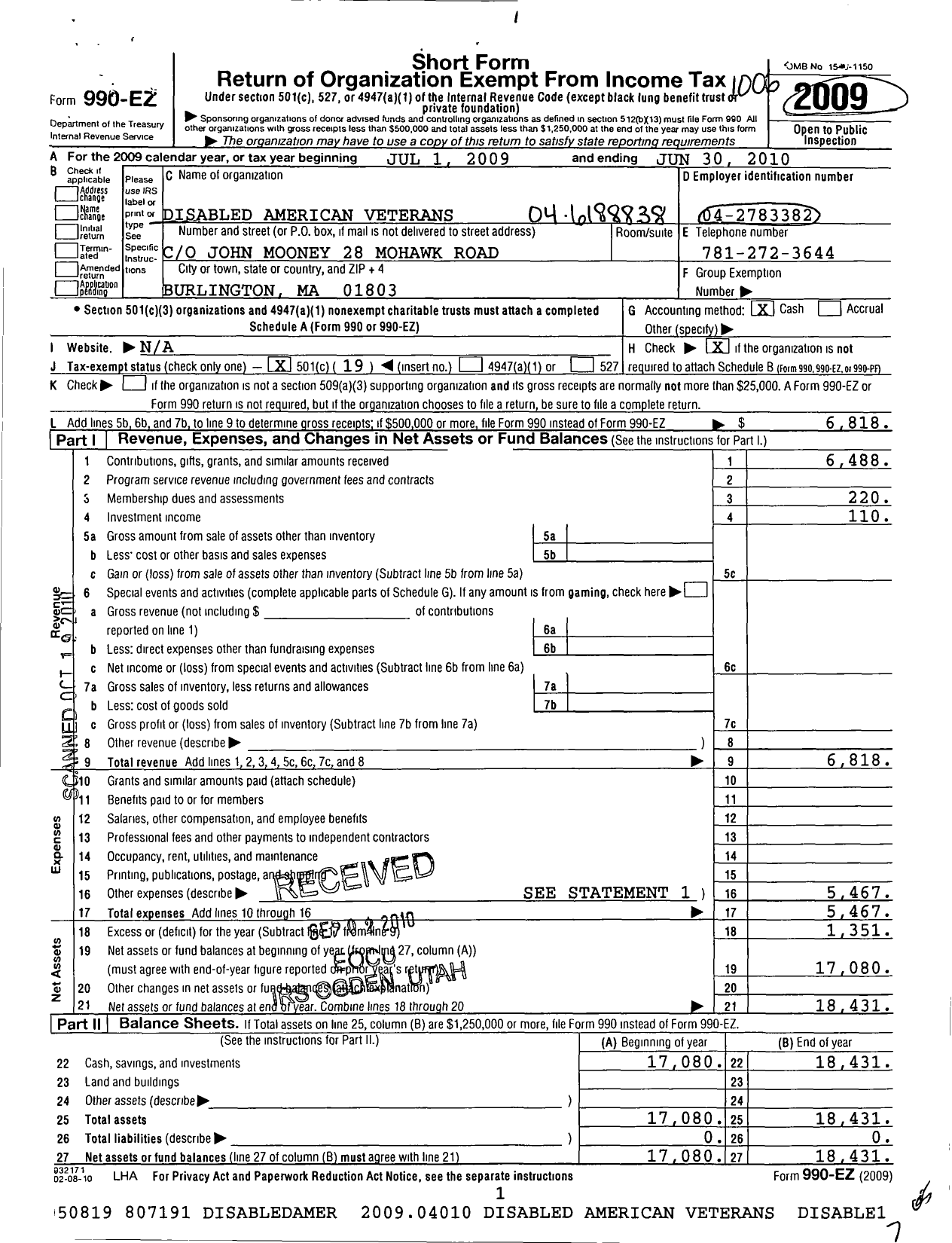 Image of first page of 2009 Form 990EO for Disabled American Veterans - 113 William Hurley