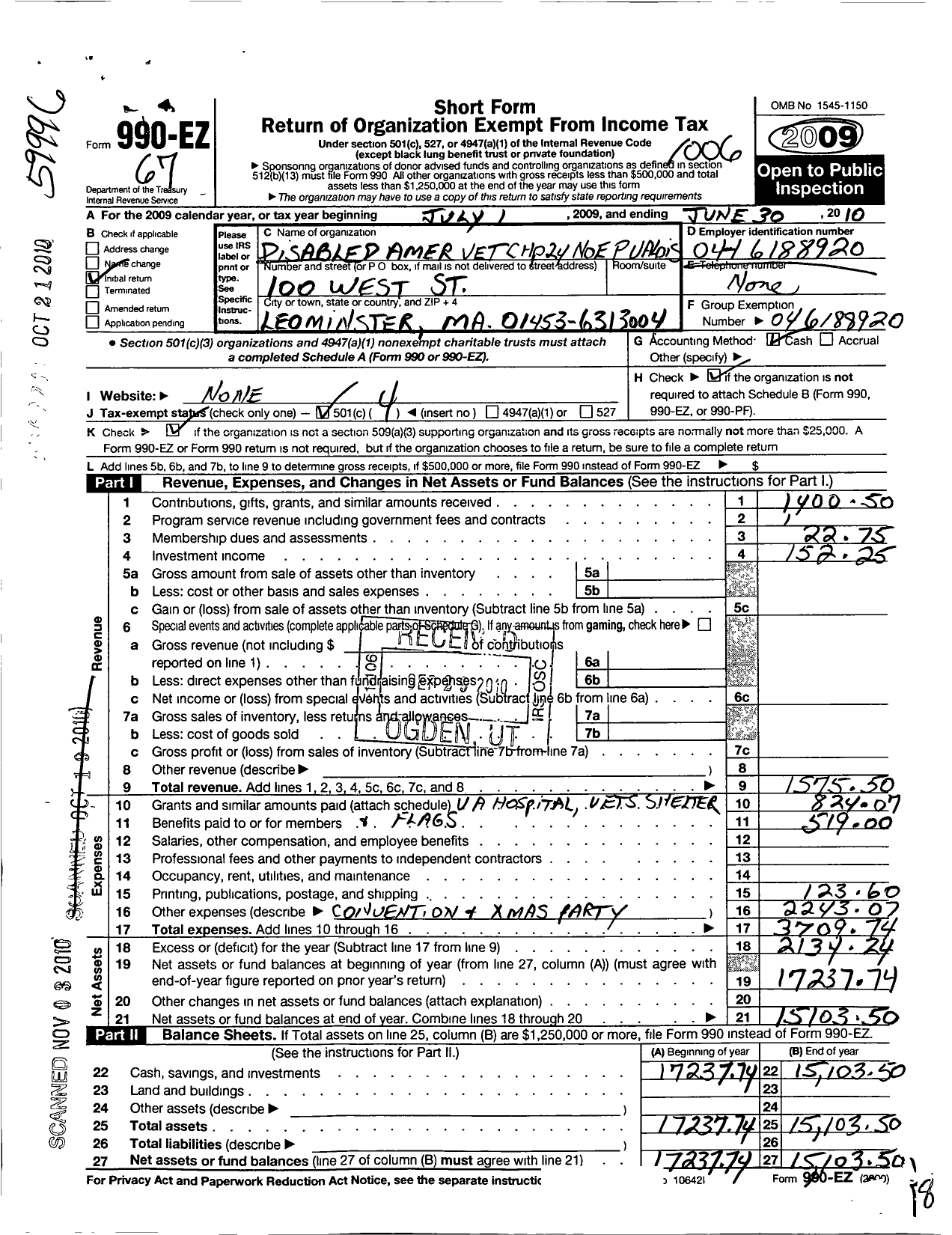 Image of first page of 2009 Form 990EO for Disabled American Veterans - 24 Noe P Valois Mem