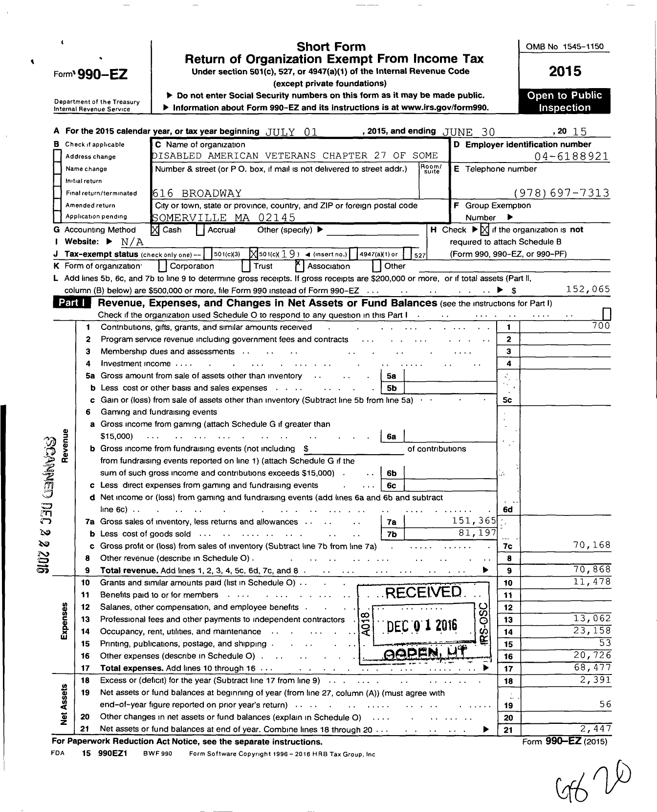 Image of first page of 2014 Form 990EO for Disabled American Veterans 27 of Somerville