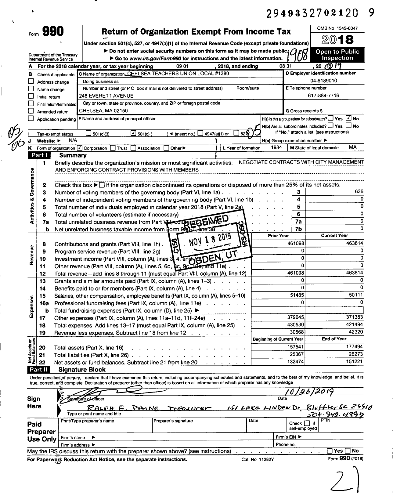 Image of first page of 2018 Form 990O for Chelsea Teachers Union Local #1340