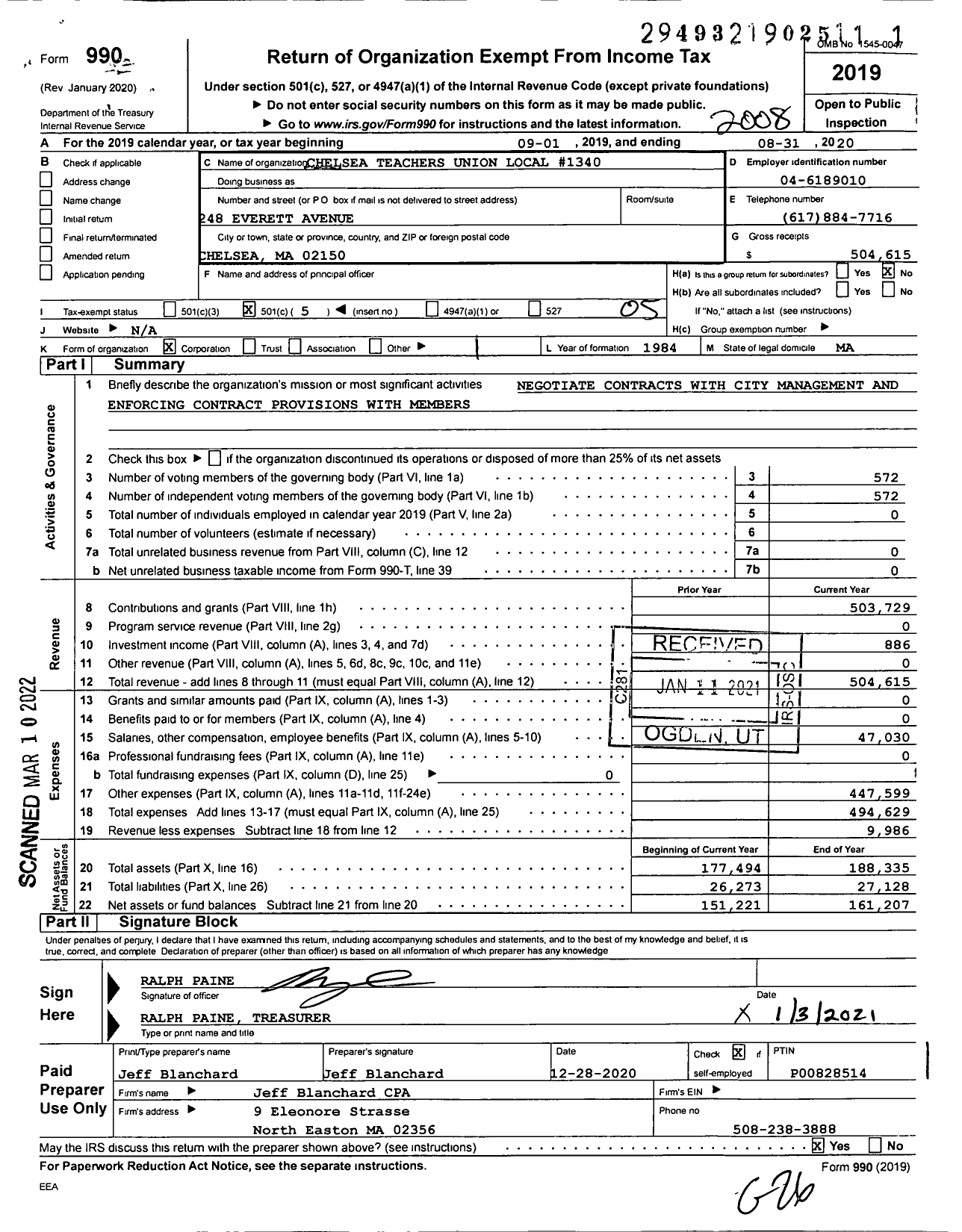 Image of first page of 2019 Form 990O for Chelsea Teachers Union Local #1340