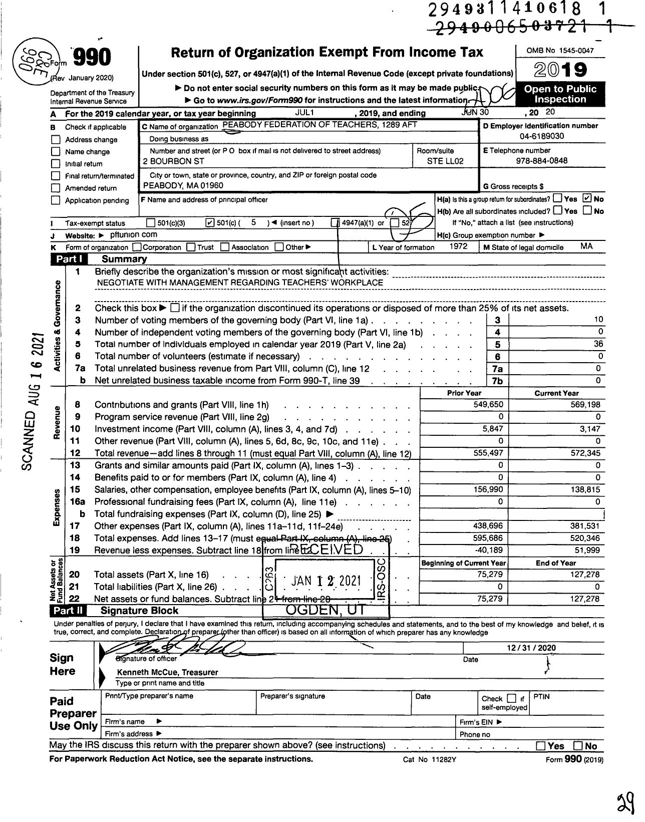 Image of first page of 2019 Form 990O for American Federation of Teachers - 1289 Peabody Aft