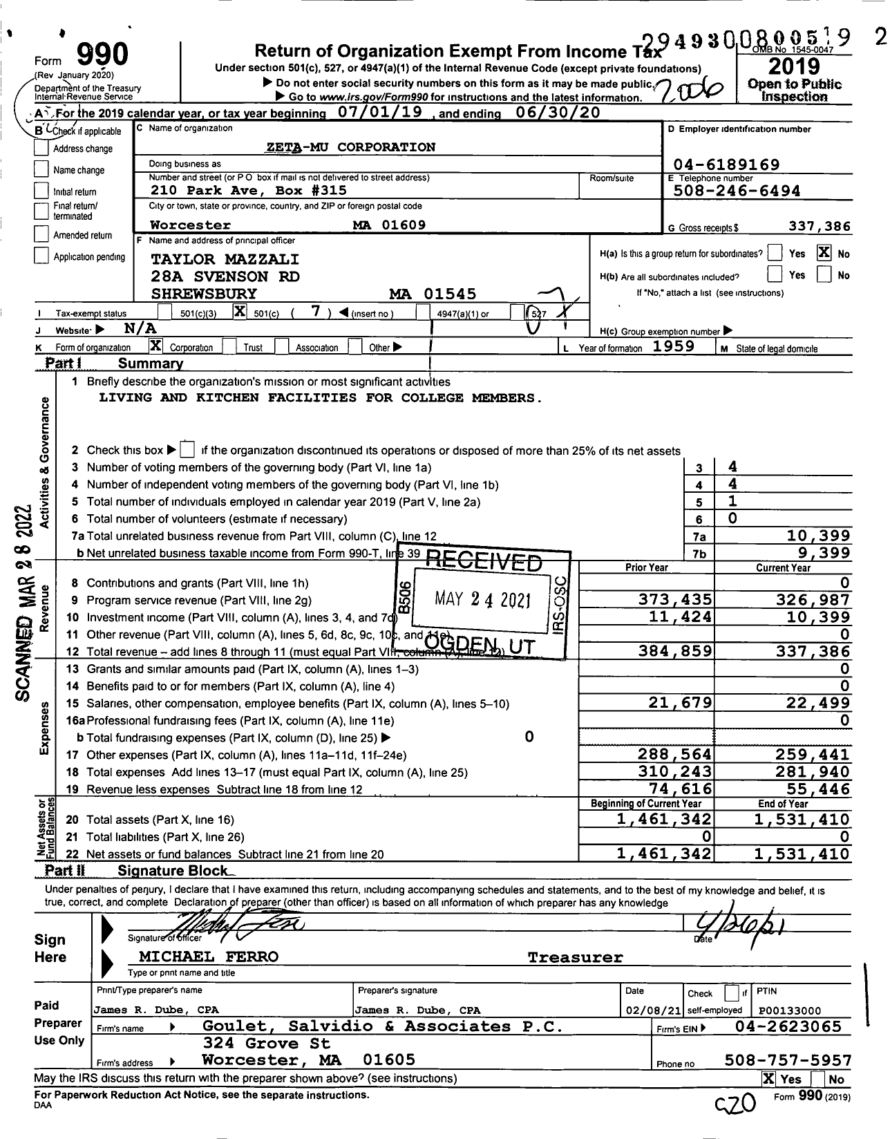 Image of first page of 2019 Form 990O for Tau Kappa Epsilon Fraternity - 256 Zeta-Mu Corporation