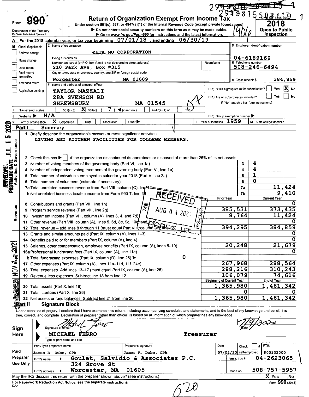 Image of first page of 2018 Form 990O for Tau Kappa Epsilon Fraternity - 256 Zeta-Mu Corporation