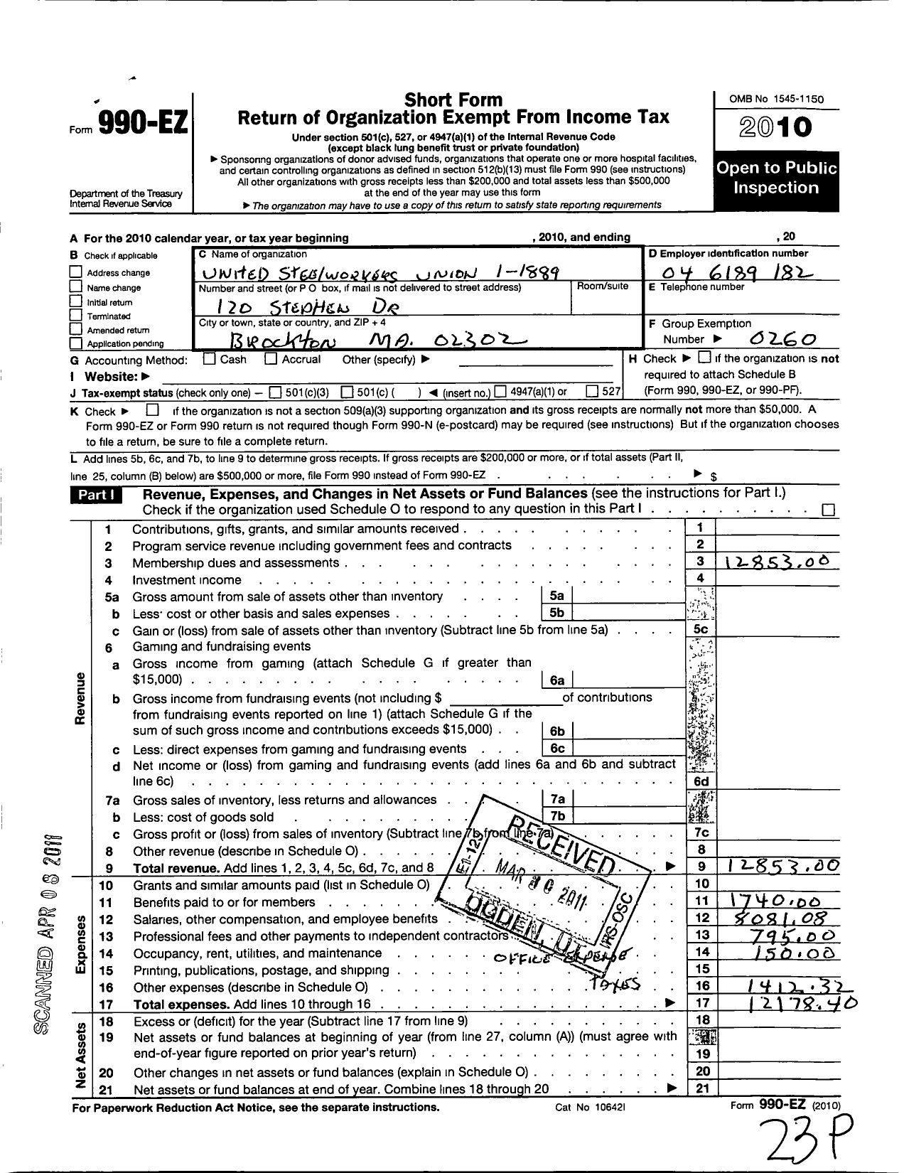 Image of first page of 2010 Form 990EO for United Steelworkers - 01889 Local