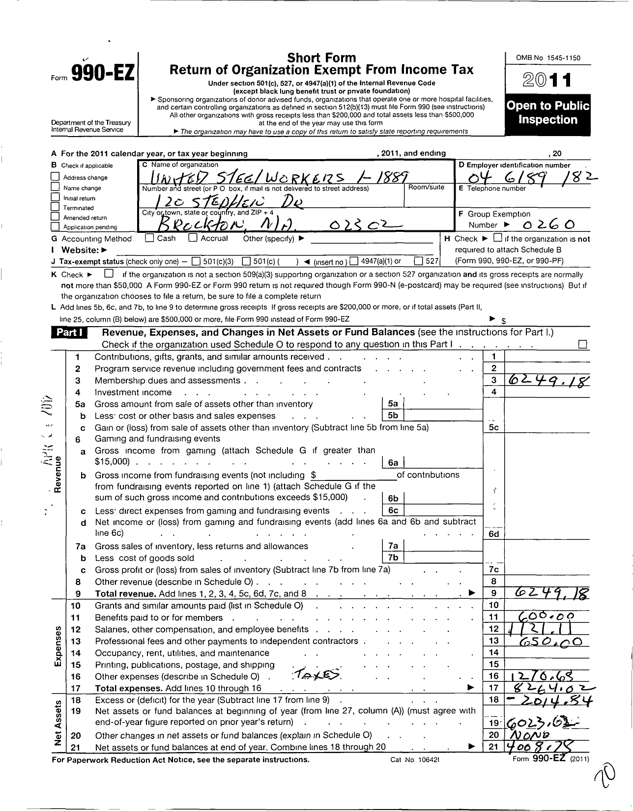 Image of first page of 2011 Form 990EO for United Steelworkers - 01889 Local