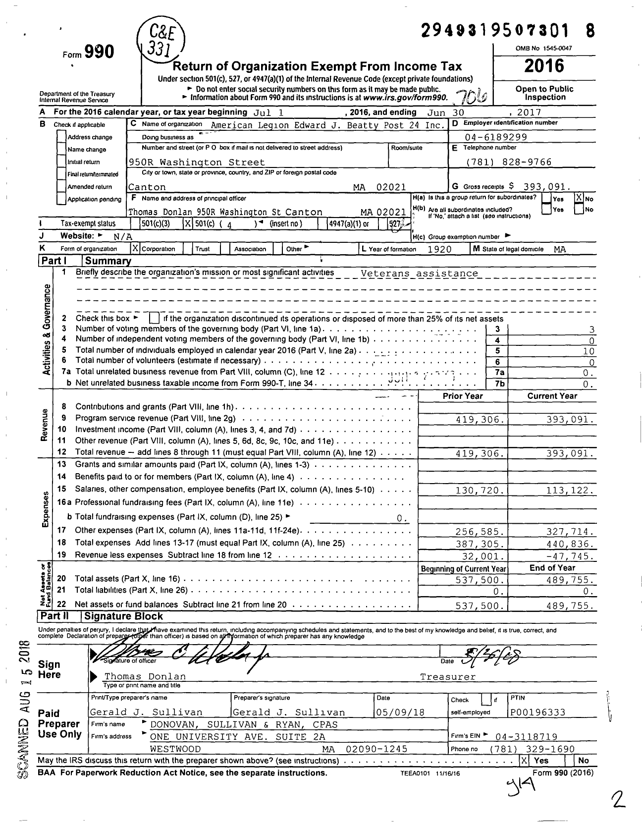 Image of first page of 2016 Form 990O for American Legion Edward J Beatty Post 24