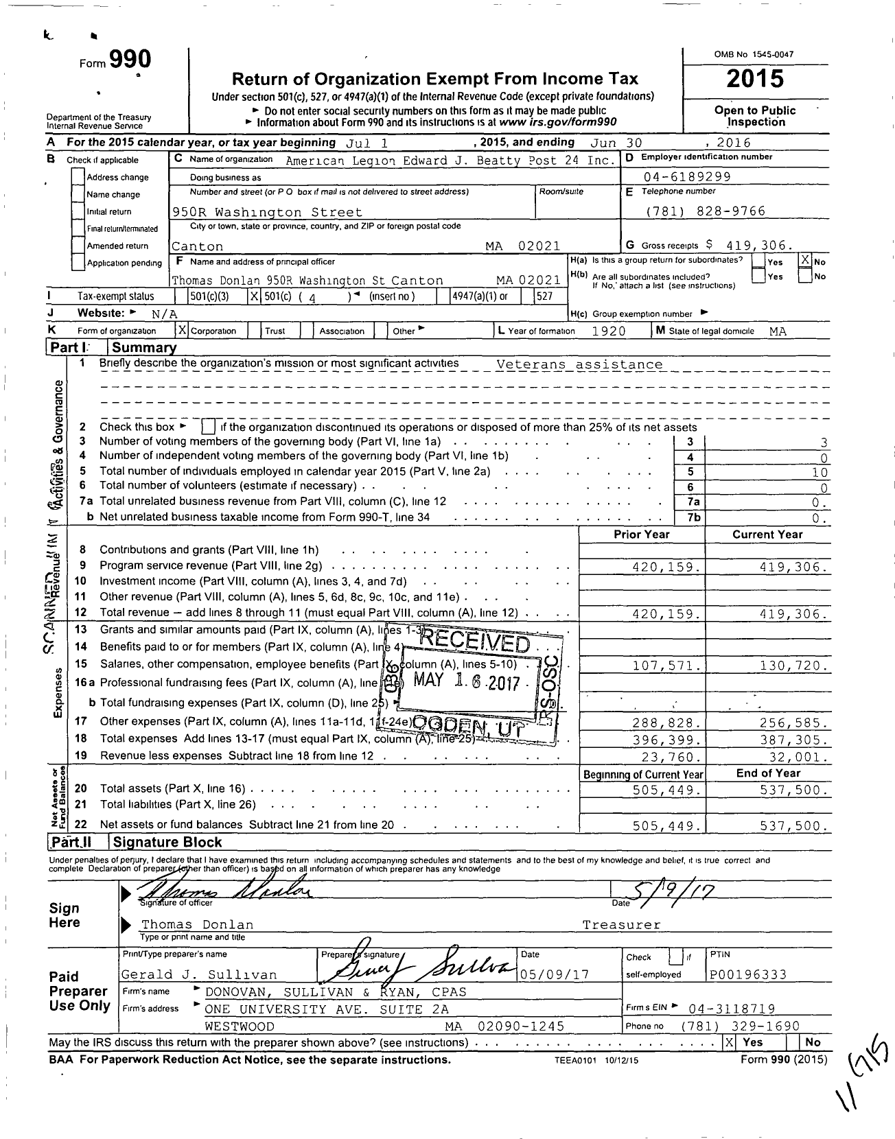 Image of first page of 2015 Form 990O for American Legion Edward J Beatty Post 24