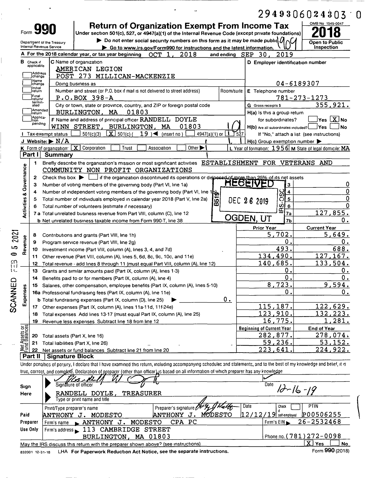 Image of first page of 2018 Form 990O for American Legion - 273 Millican-Mackenzie