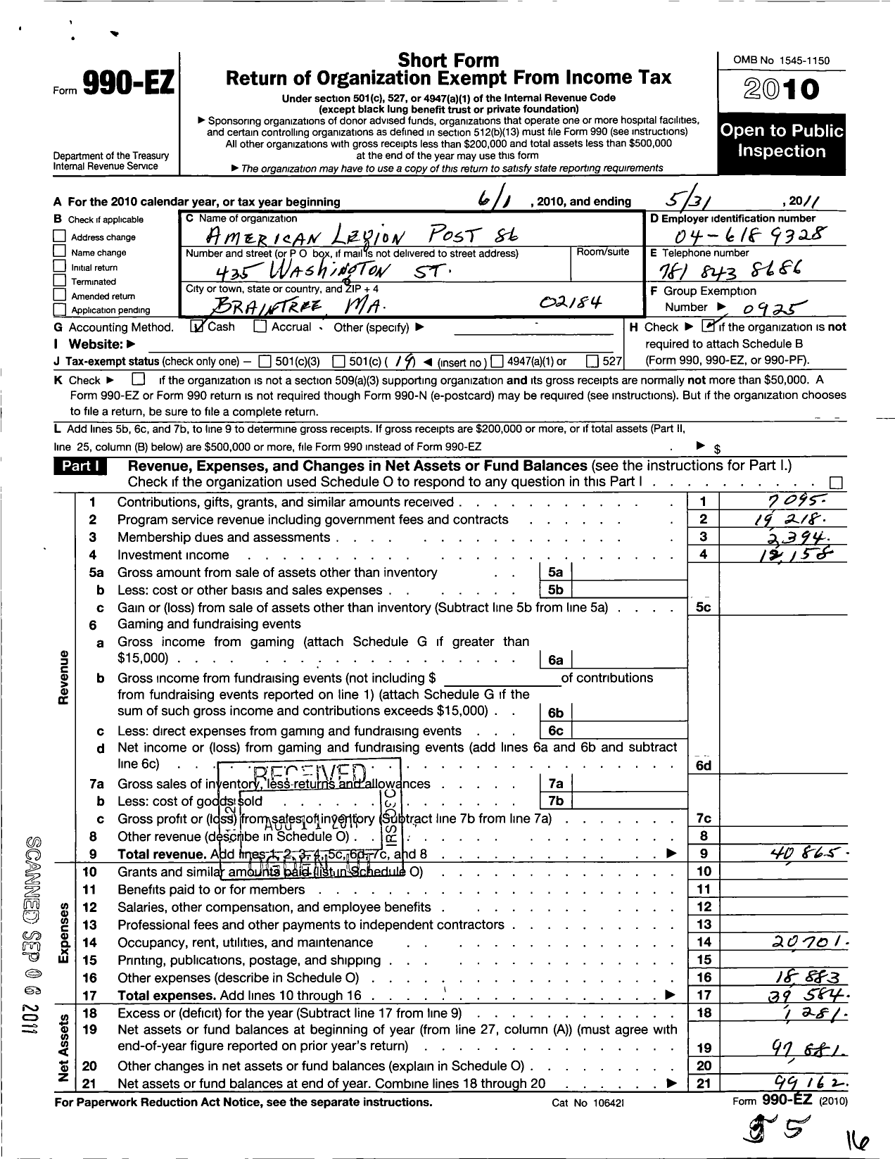 Image of first page of 2010 Form 990EO for American Legion - 86 Post Braintree