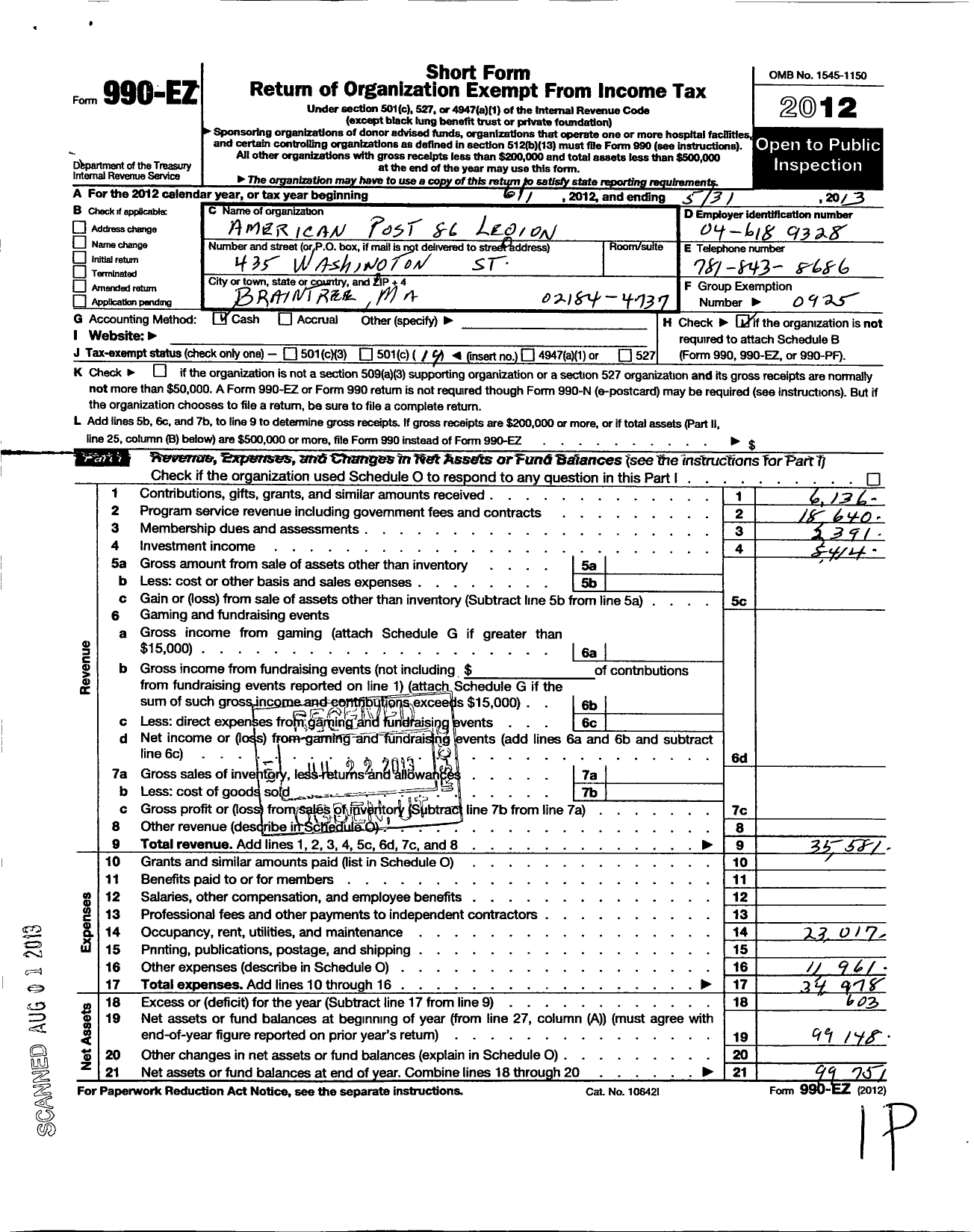 Image of first page of 2012 Form 990EO for American Legion - 86 Post Braintree