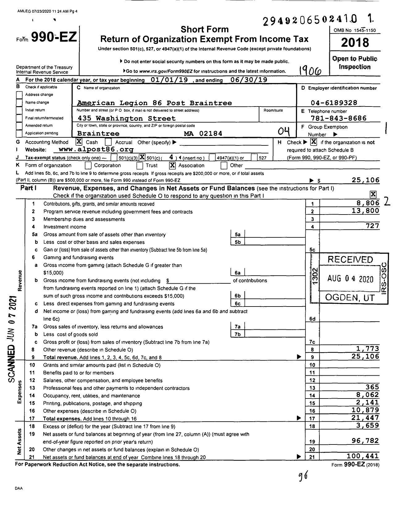 Image of first page of 2018 Form 990EO for American Legion - 86 Post Braintree