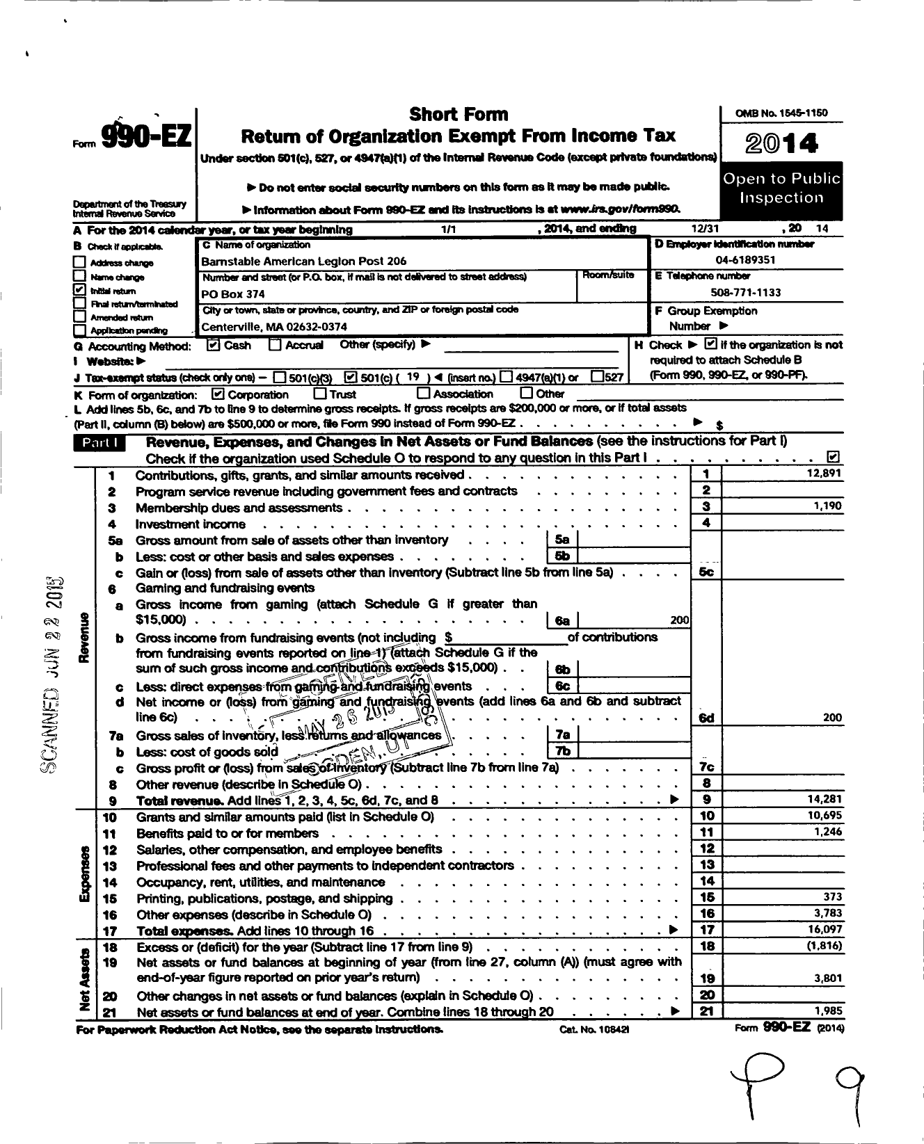 Image of first page of 2014 Form 990EO for American Legion - 206 Barnstable