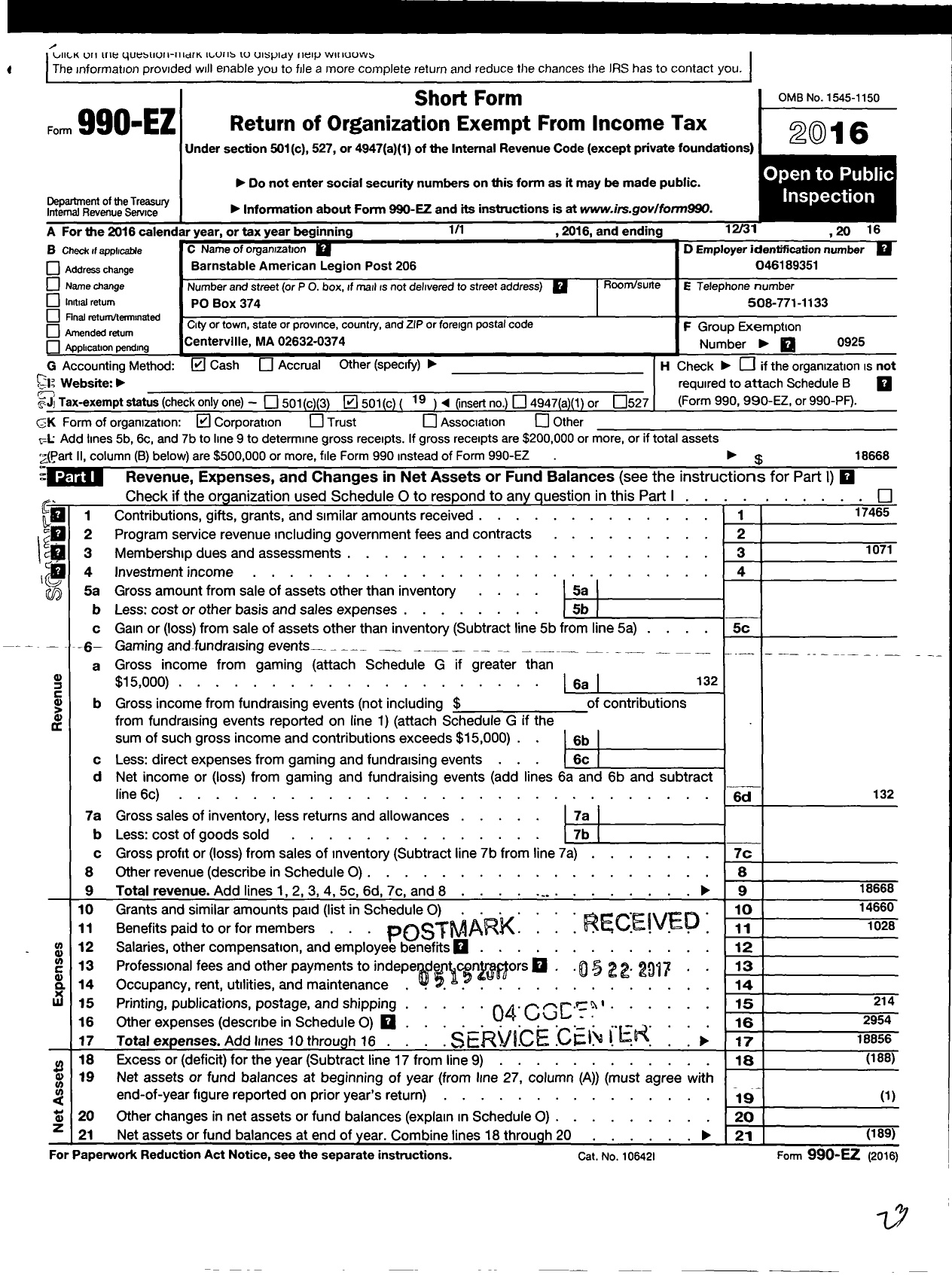 Image of first page of 2016 Form 990EO for American Legion - 206 Barnstable