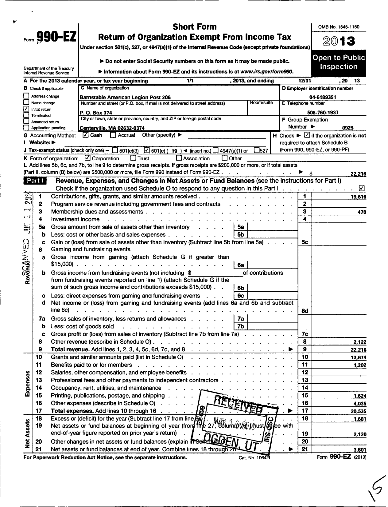 Image of first page of 2013 Form 990EO for American Legion - 206 Barnstable