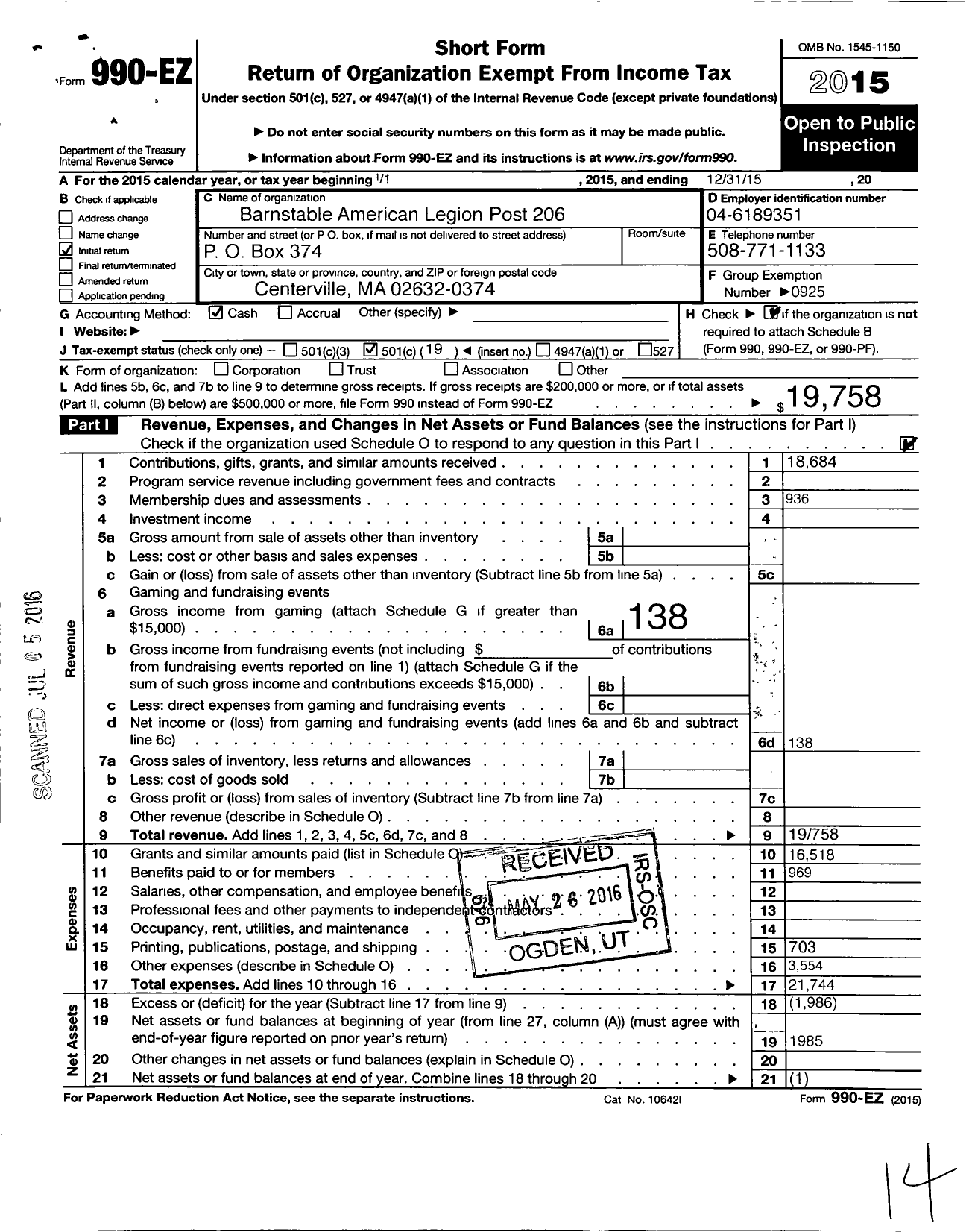 Image of first page of 2015 Form 990EO for American Legion - 206 Barnstable