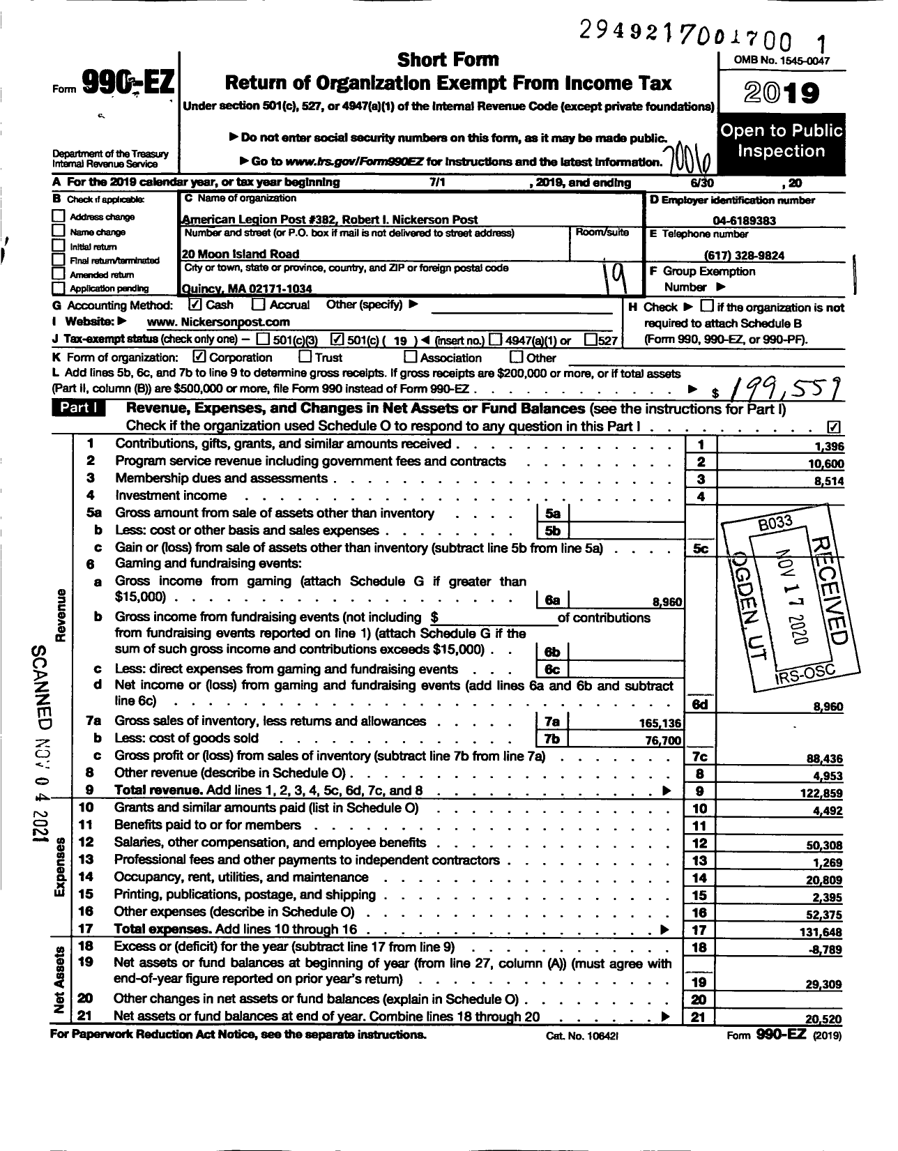 Image of first page of 2019 Form 990EO for American Legion - 382 Robert I Nickerson