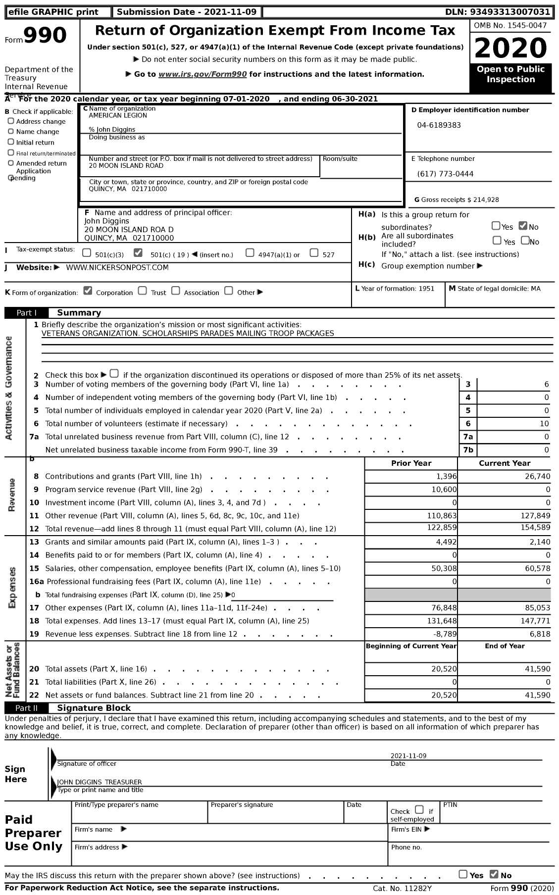 Image of first page of 2020 Form 990 for American Legion - 382 Robert I Nickerson