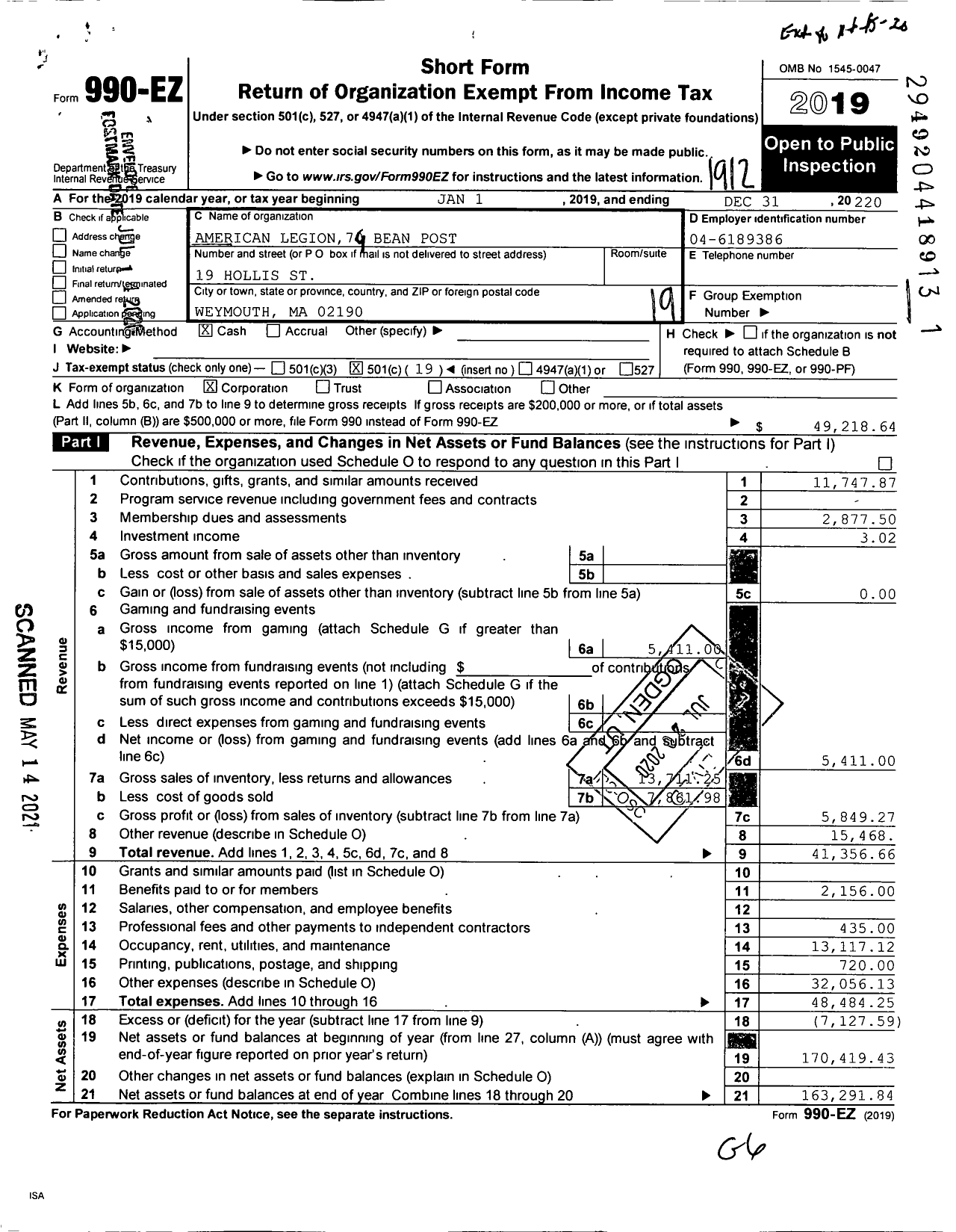 Image of first page of 2019 Form 990EO for American Legion - 79 George R Bean