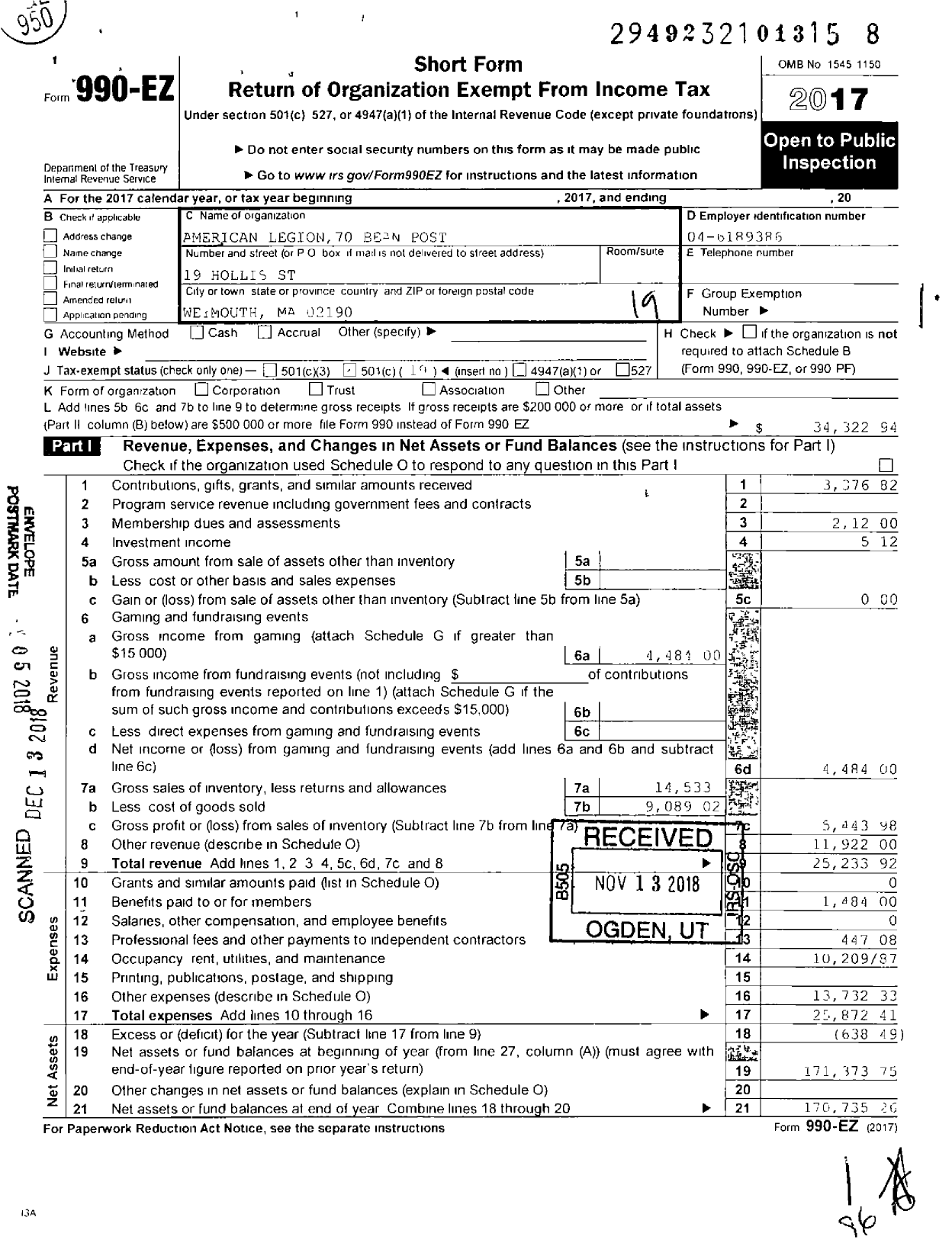 Image of first page of 2017 Form 990EO for American Legion - 79 George R Bean