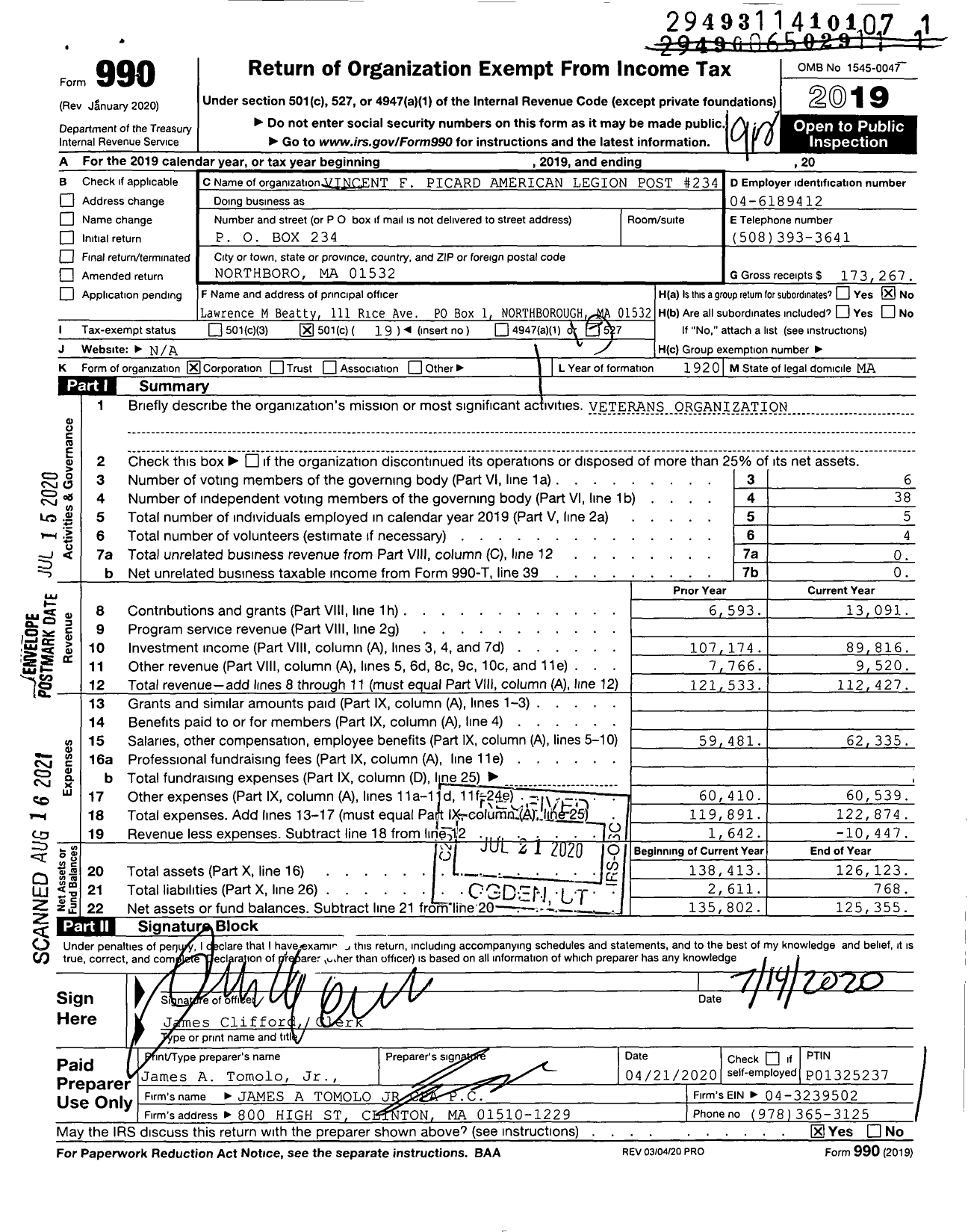 Image of first page of 2019 Form 990O for American Legion - 234 Vincent F Picard