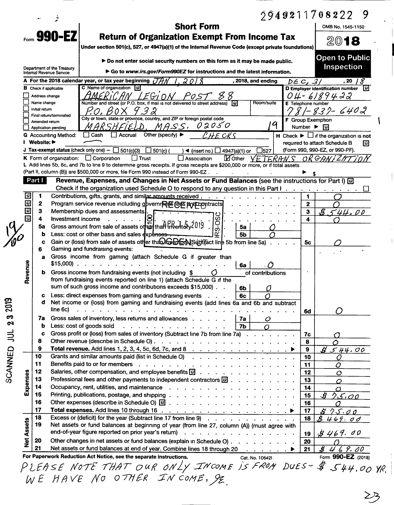Image of first page of 2018 Form 990EO for American Legion - 88 Marshfield
