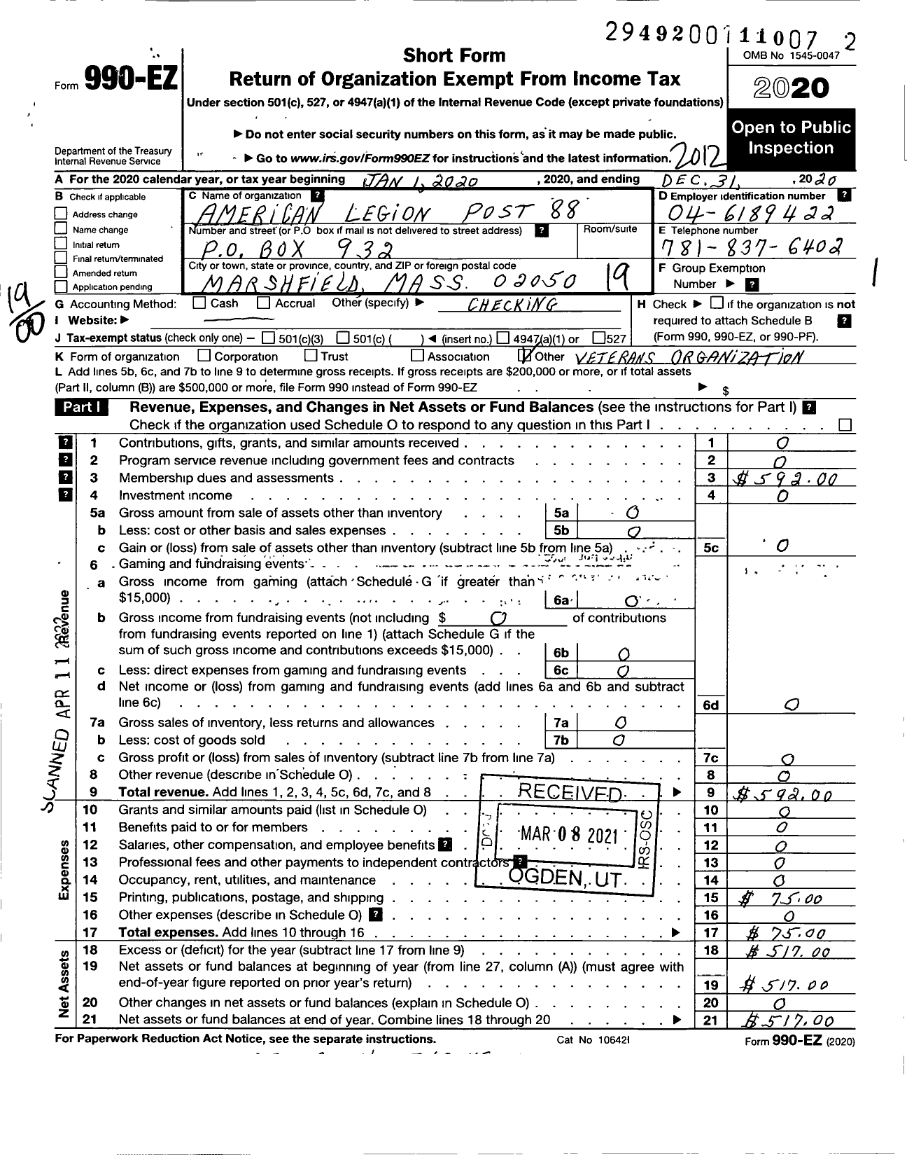 Image of first page of 2020 Form 990EO for American Legion - 88 Marshfield