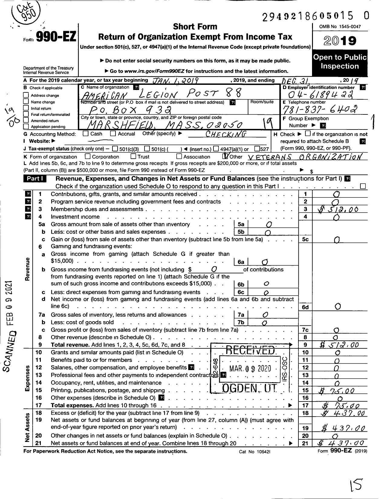 Image of first page of 2019 Form 990EO for American Legion - 88 Marshfield