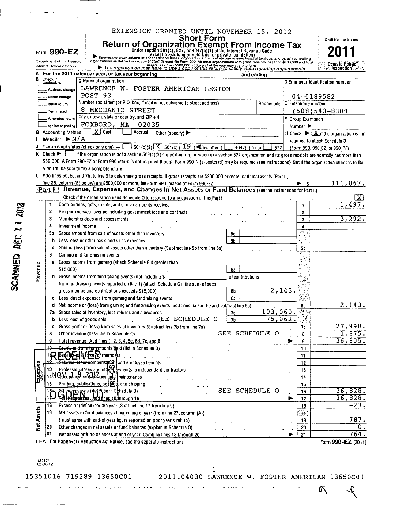 Image of first page of 2011 Form 990EO for Lawrence W Foster