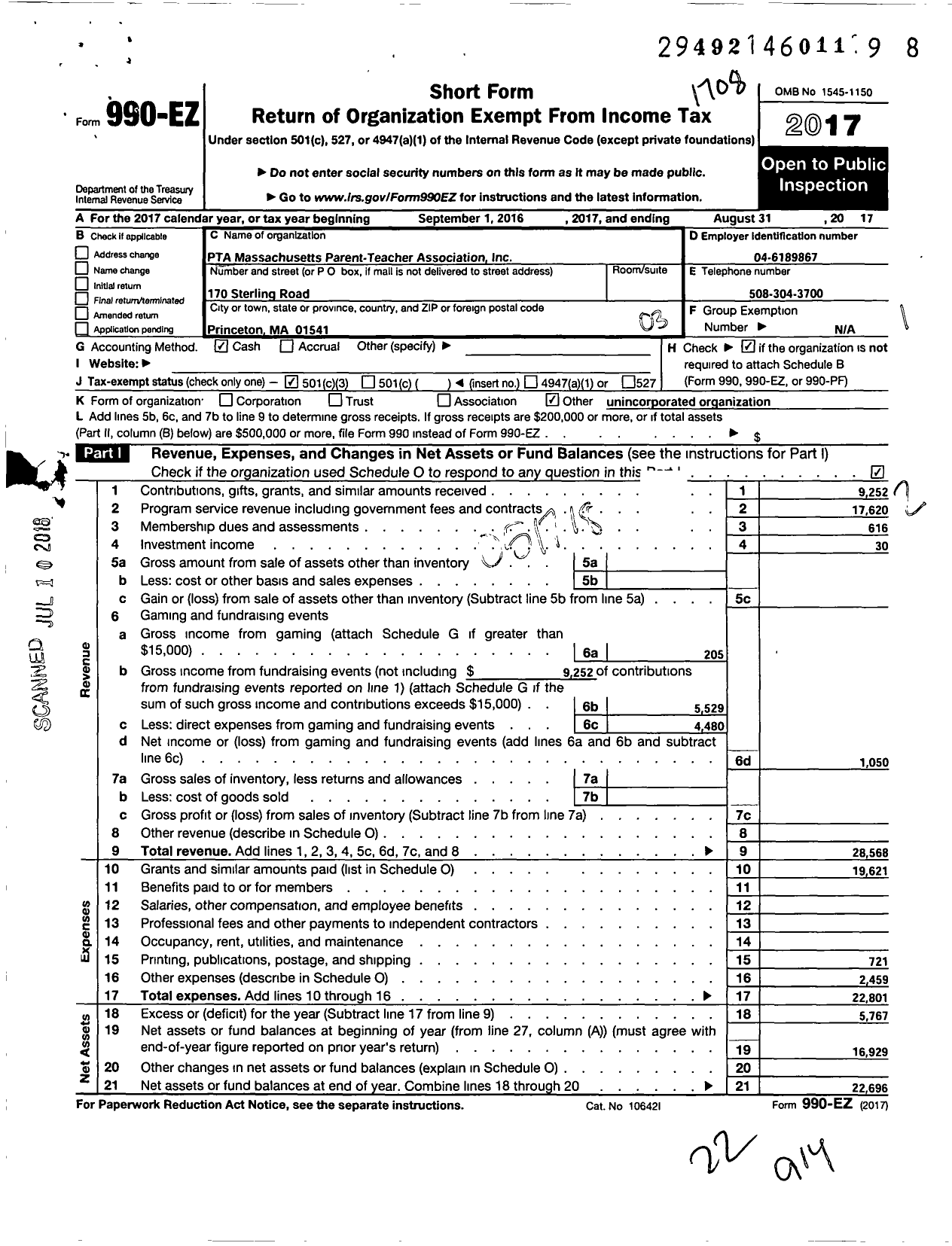 Image of first page of 2016 Form 990EZ for Princeton PTA