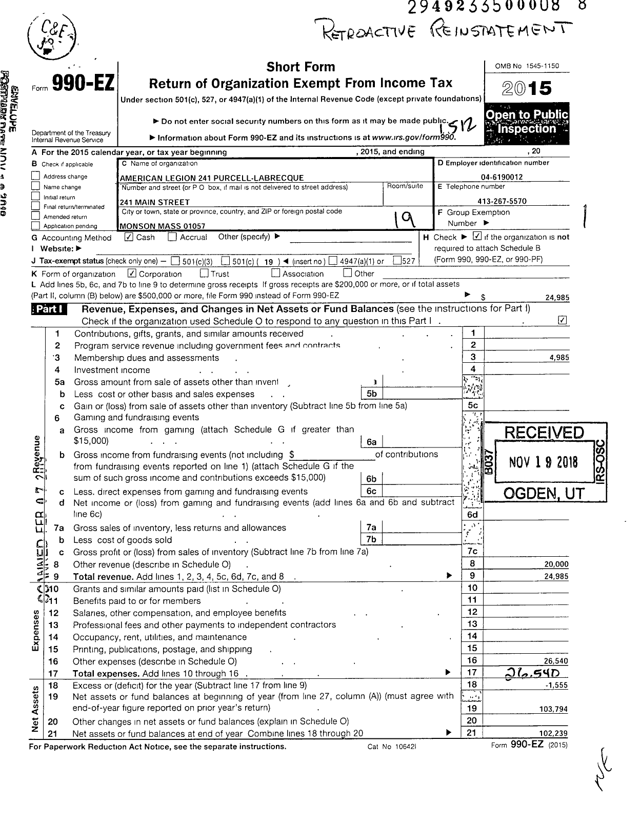 Image of first page of 2015 Form 990EO for Purcell Labrecque Post 241 Department of Ma American Legion