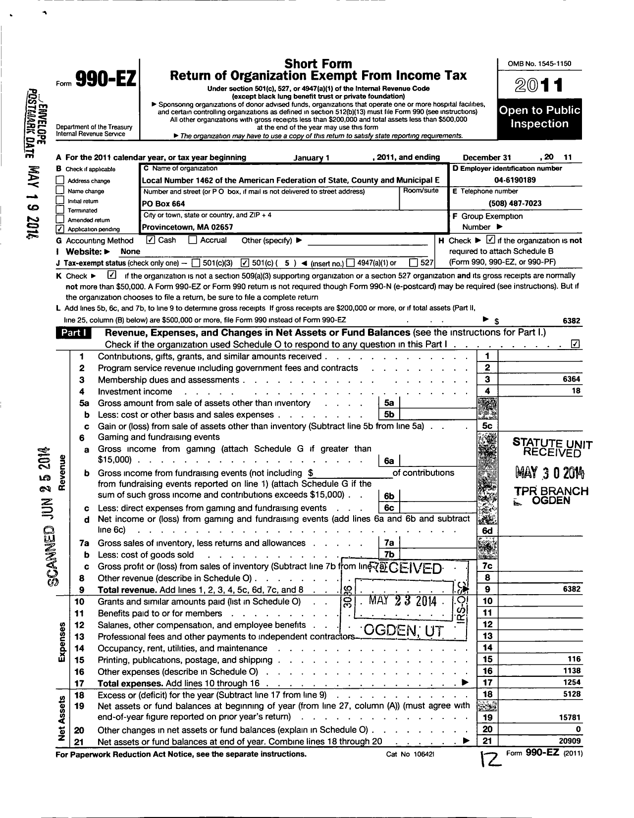 Image of first page of 2011 Form 990EO for American Federation of State County & Municipal Employees - L1462ma AFSCME Local-Barnstable