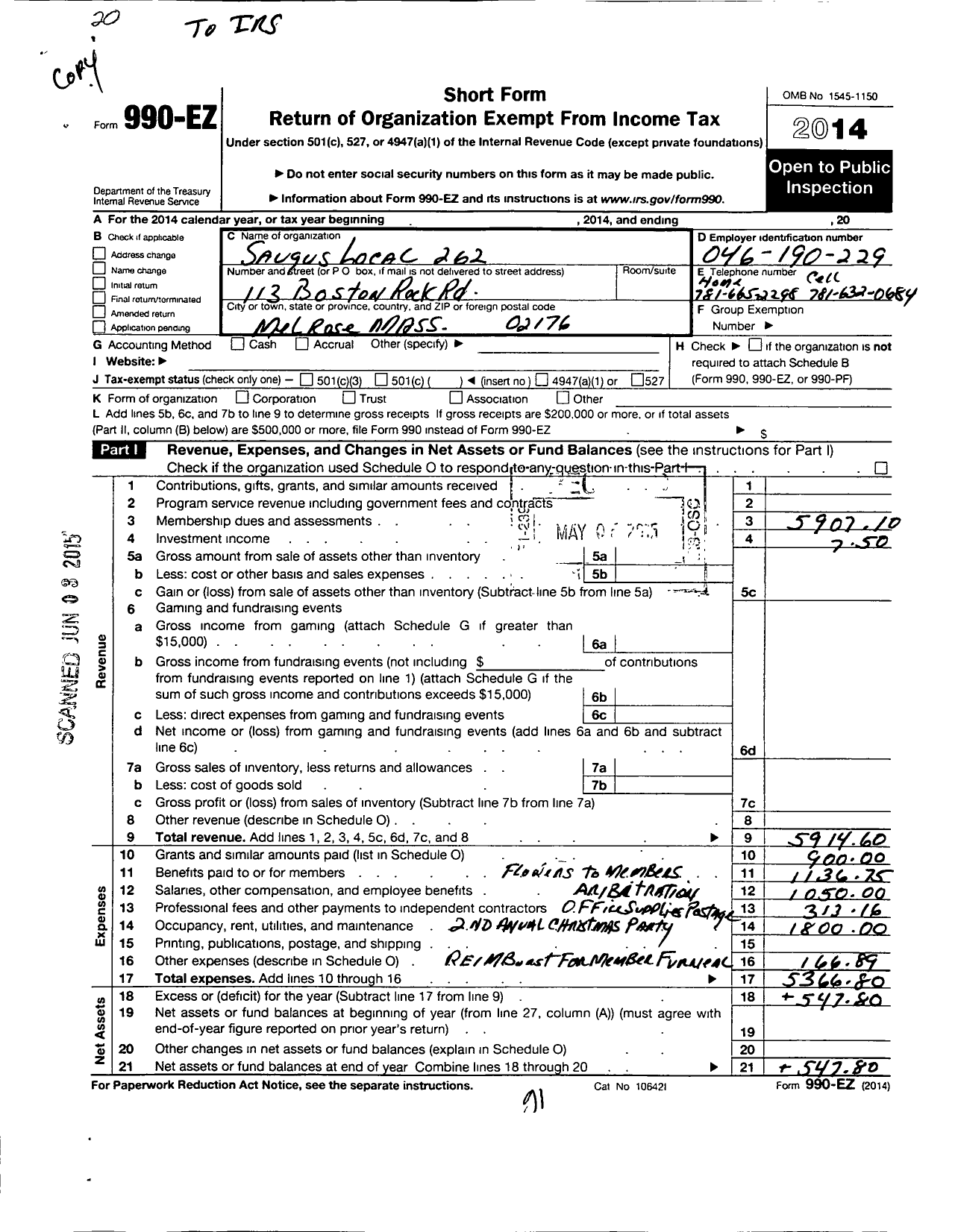 Image of first page of 2014 Form 990EO for American Federation of State County & Municipal Employees - L0262ma Saugus Ma Municipal Empls