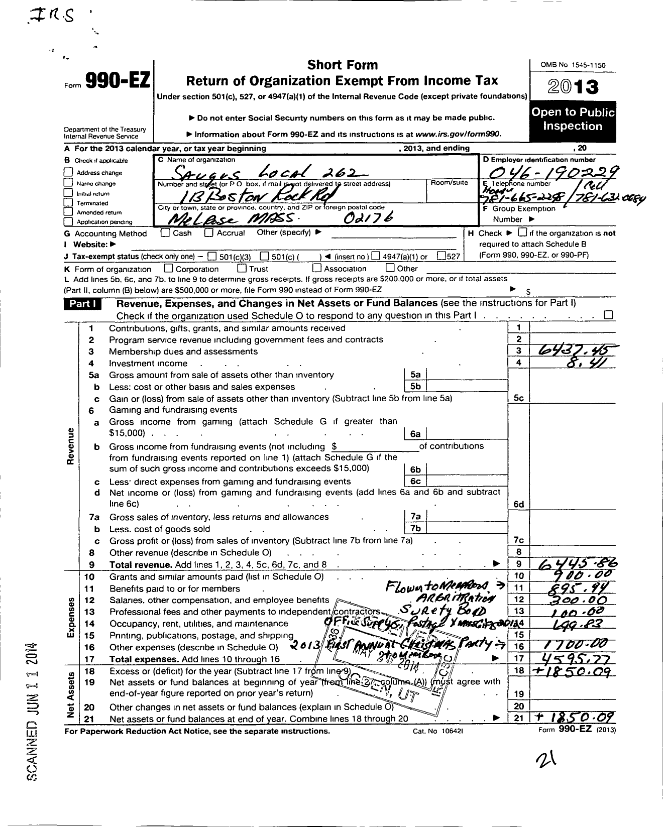 Image of first page of 2013 Form 990EO for American Federation of State County & Municipal Employees - L0262ma Saugus Ma Municipal Empls