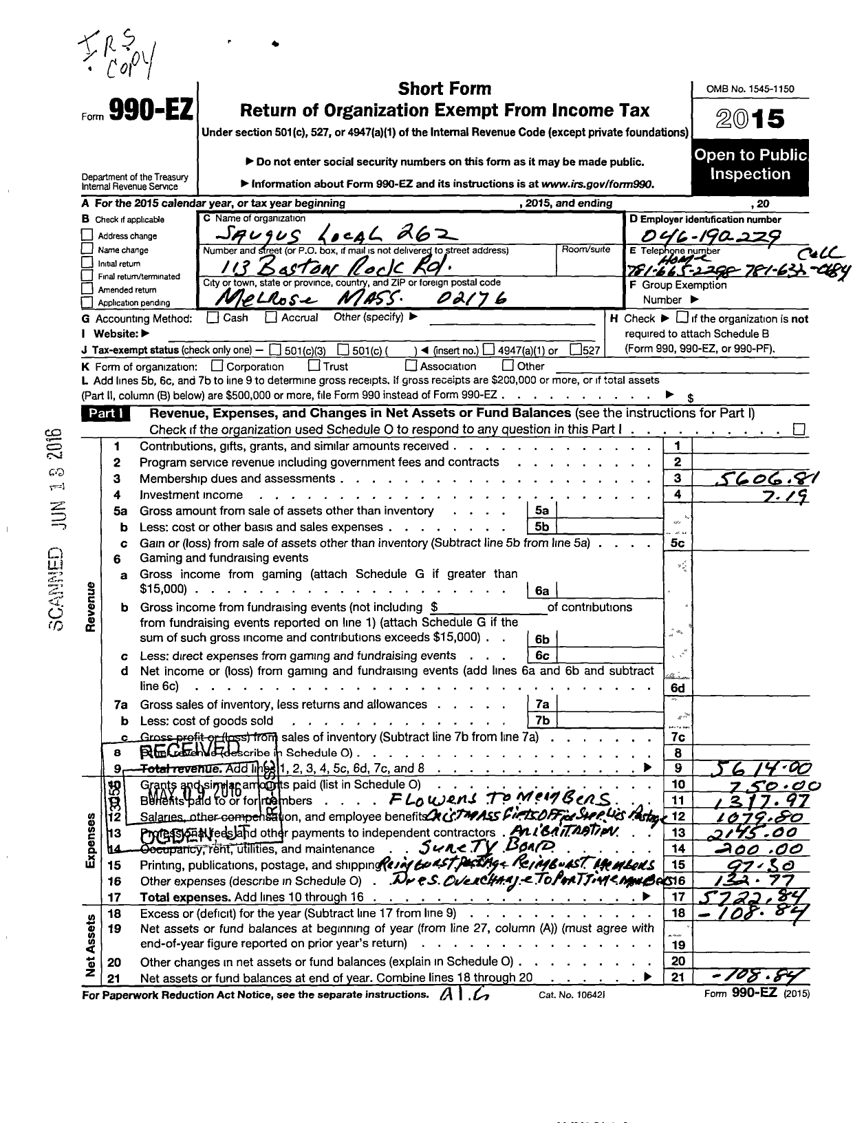 Image of first page of 2015 Form 990EO for American Federation of State County & Municipal Employees - L0262ma Saugus Ma Municipal Empls