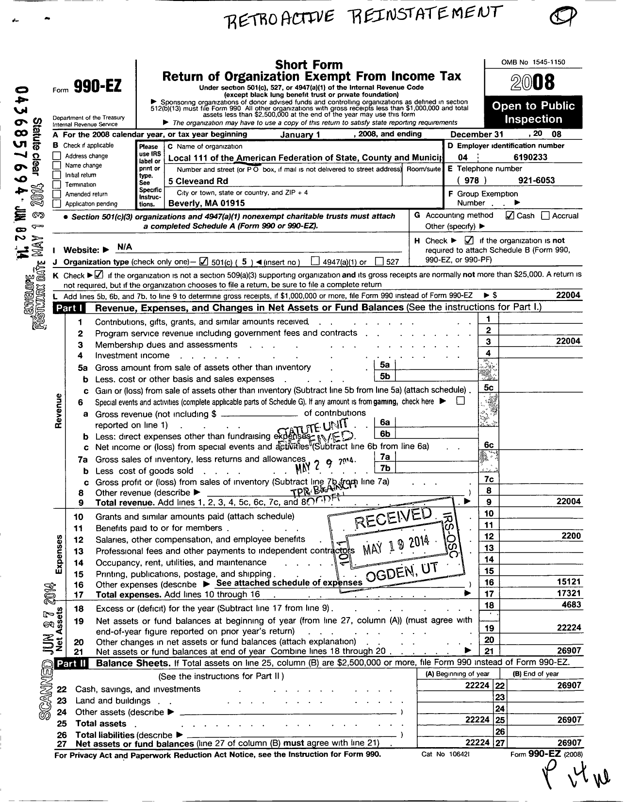 Image of first page of 2008 Form 990EO for American Federation of State County and Municipal Employees / L0111ma AFSCME Local-Beverly