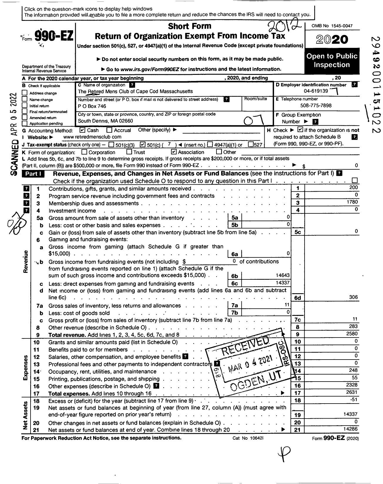 Image of first page of 2020 Form 990EO for The Retired Mens Club of Cape Cod Massachusetts