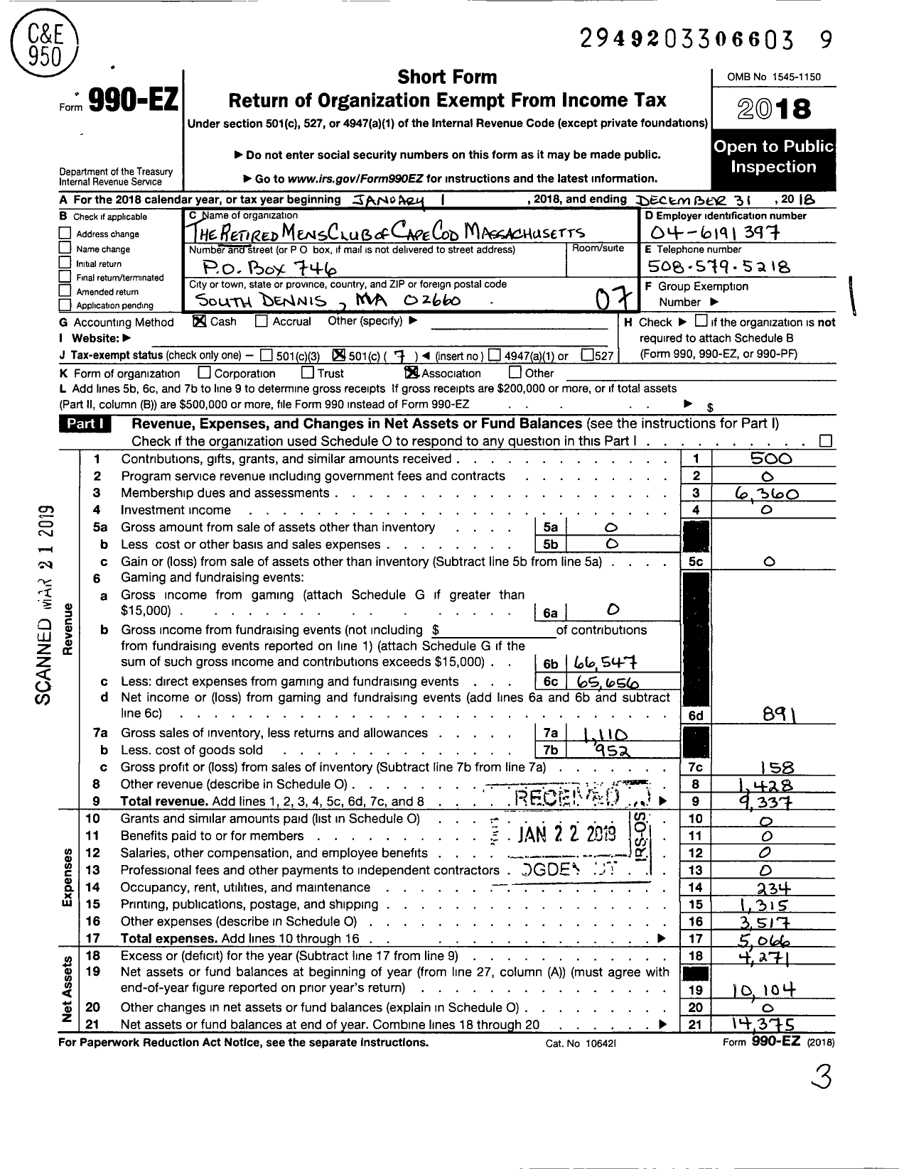 Image of first page of 2018 Form 990EO for The Retired Mens Club of Cape Cod Massachusetts