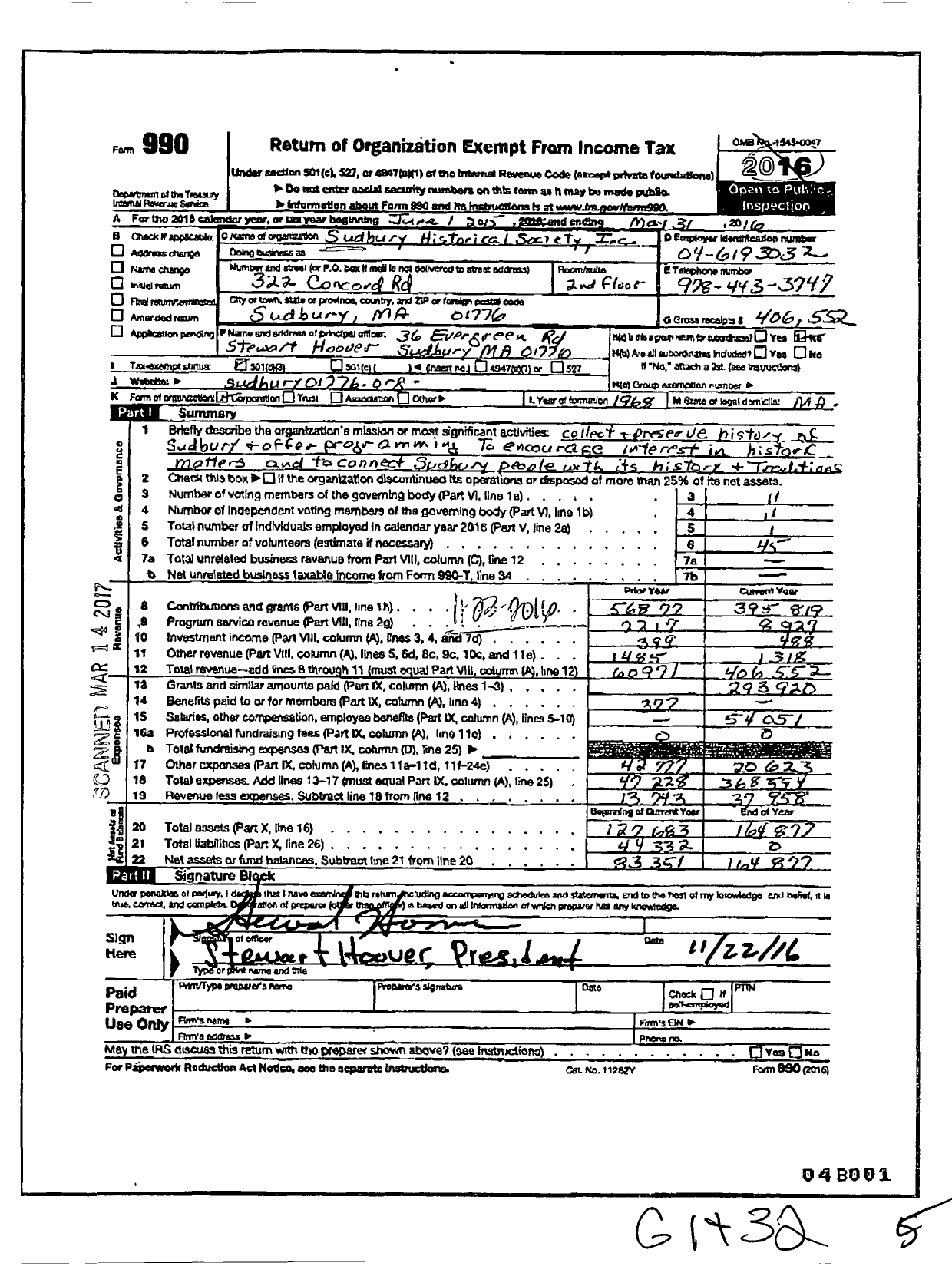 Image of first page of 2015 Form 990 for Sudbury Historical Society