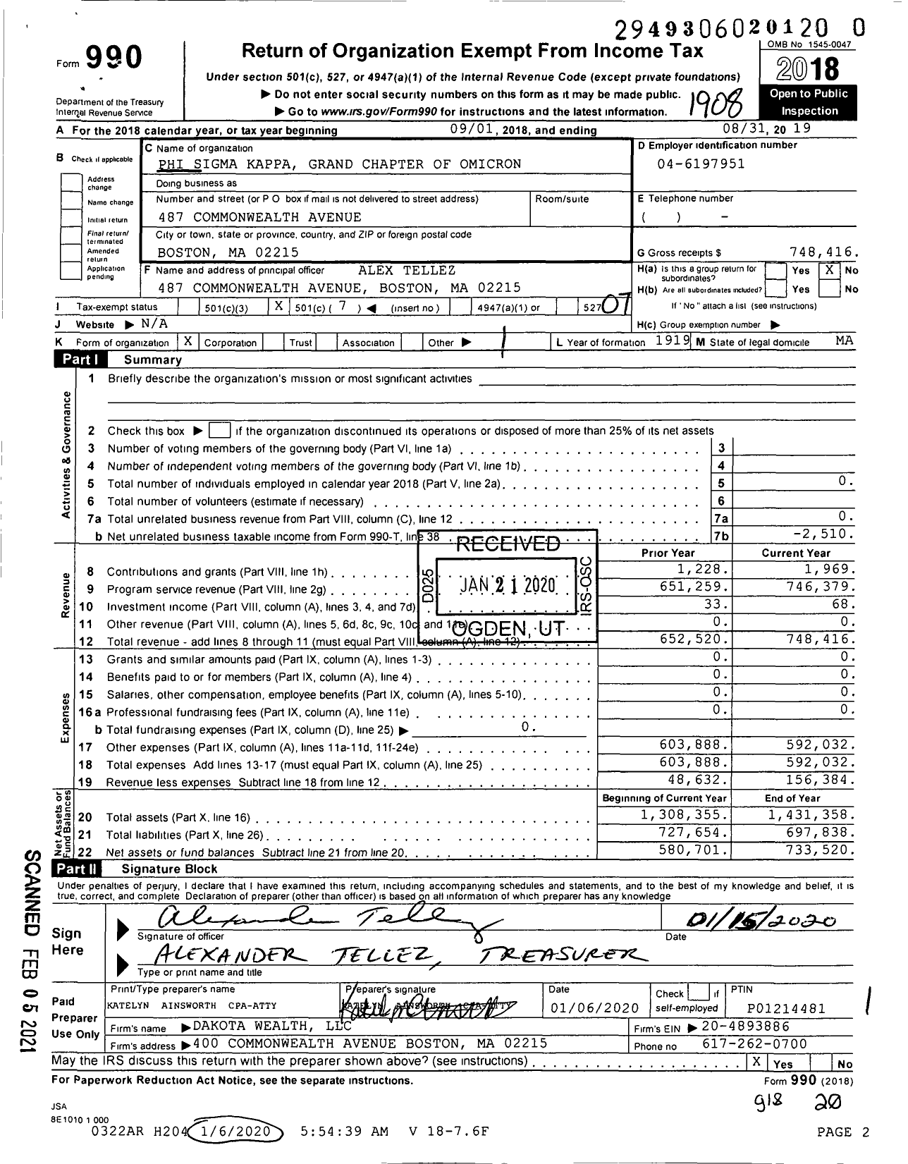 Image of first page of 2018 Form 990O for Phi Sigma Kappa - 115 Omicron Chapter