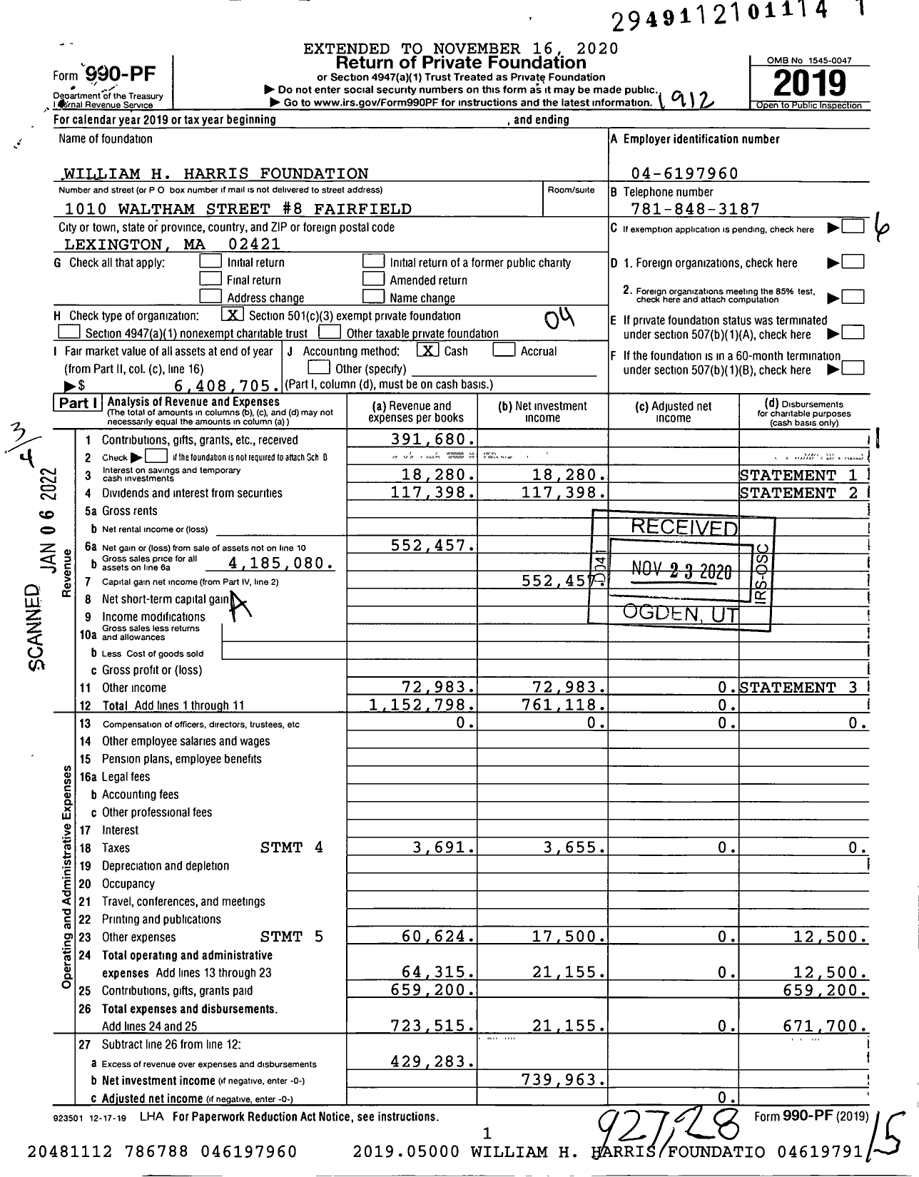 Image of first page of 2019 Form 990PF for William H Harris Foundation