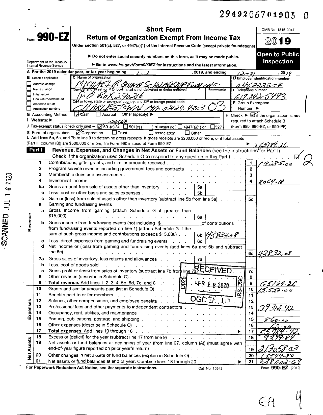 Image of first page of 2019 Form 990EZ for The Michael P Quinn Scholarship Fund