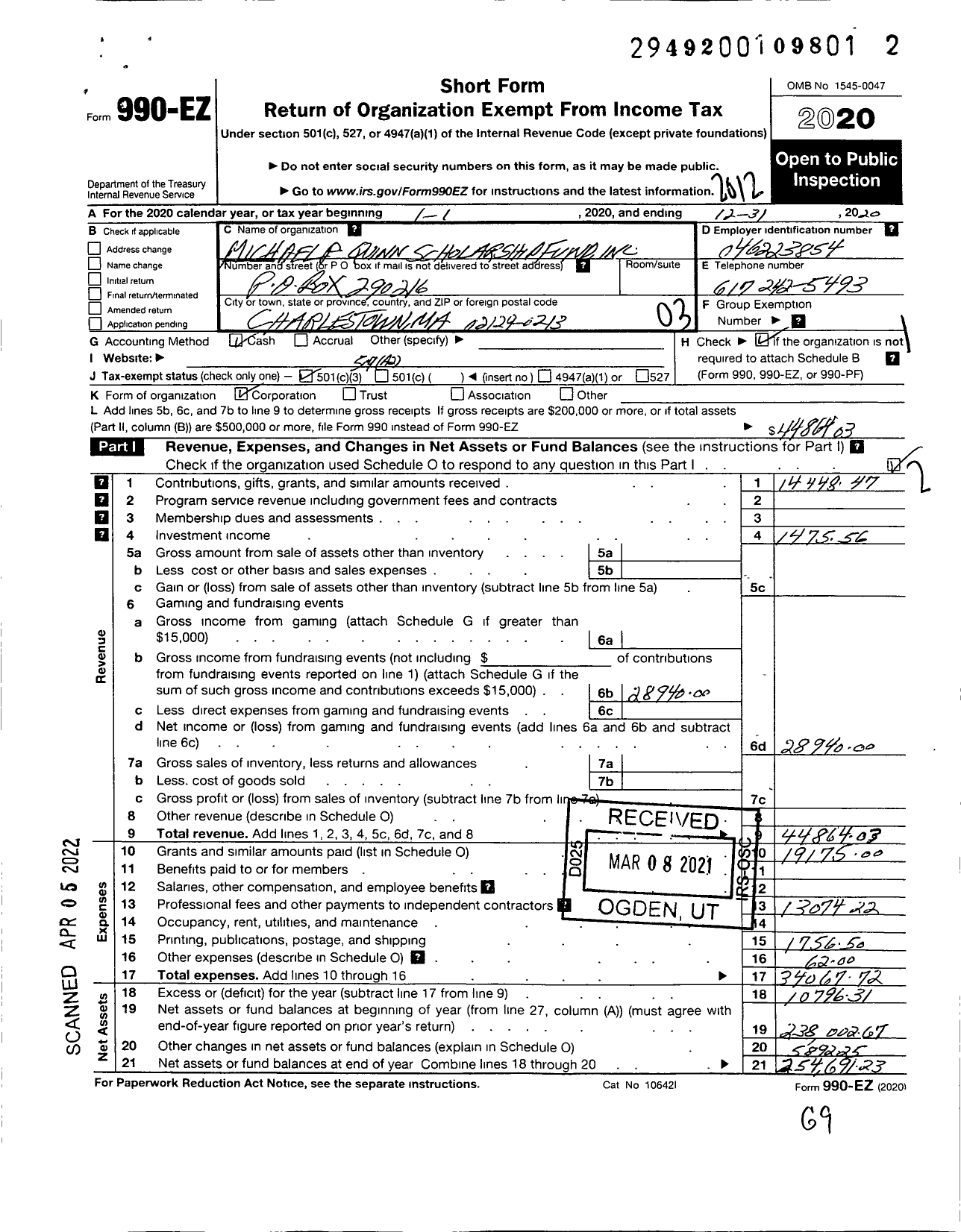 Image of first page of 2020 Form 990EZ for The Michael P Quinn Scholarship Fund